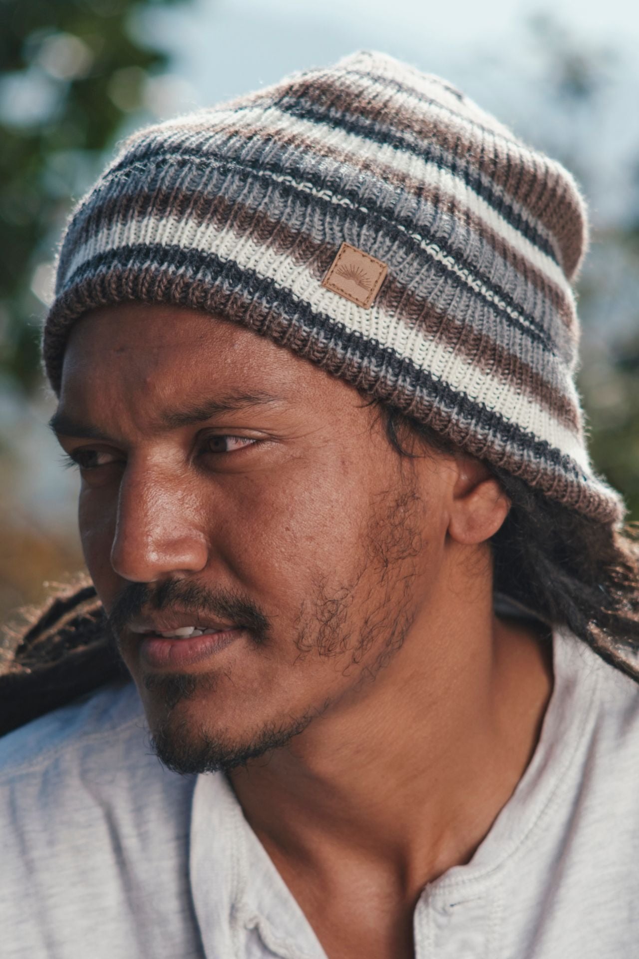 Surya Australia Merino Wool Fisherman Beanie (Striped) made in Nepal - Charcoal