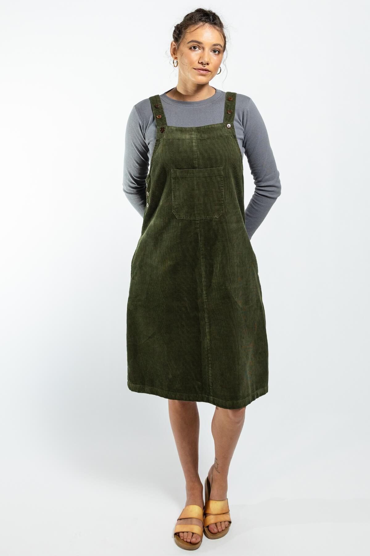 Surya Cotton Corduroy Pinafore Dress - khaki green
