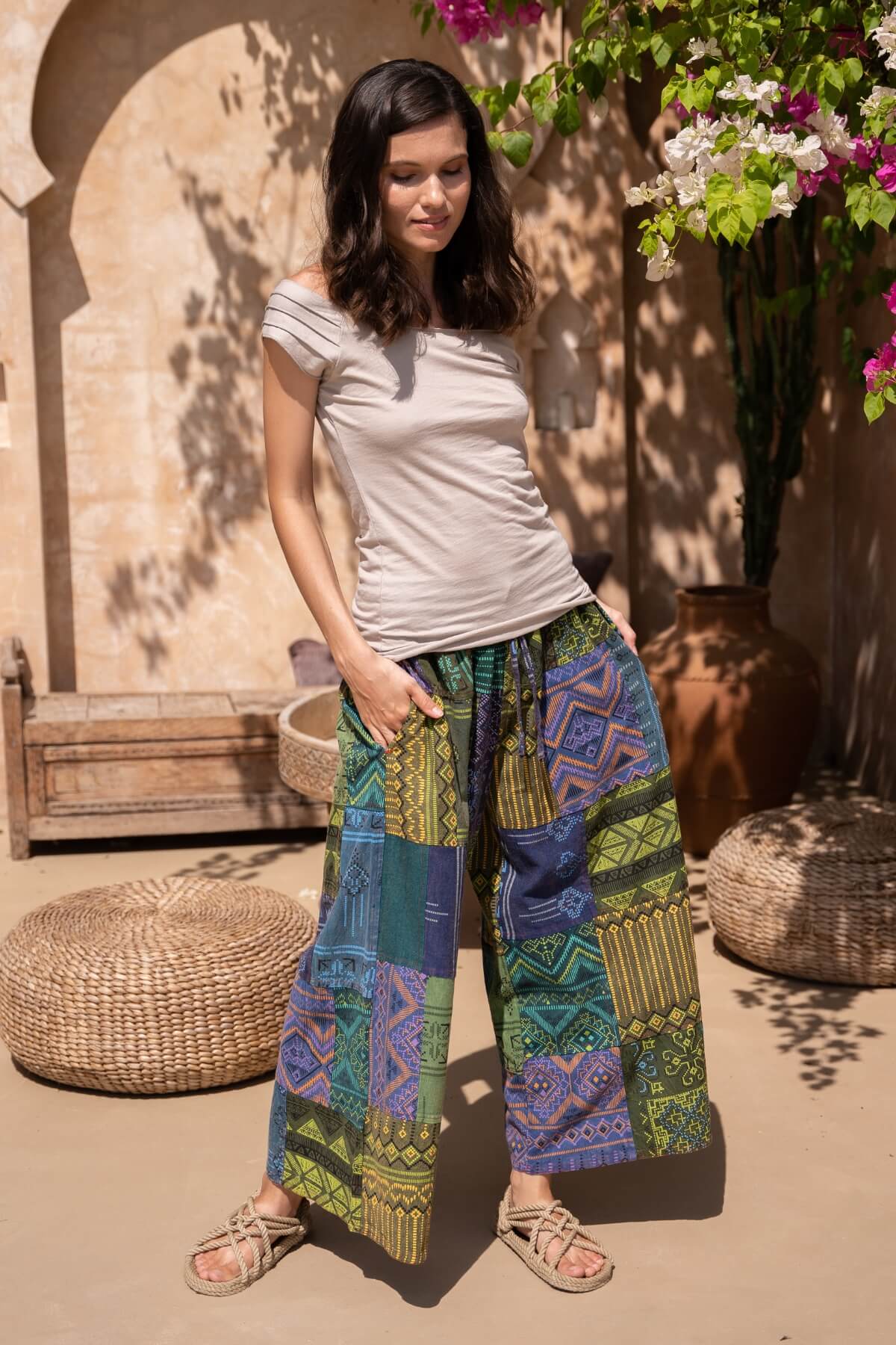 Surya Ethical Cotton Patchwork Pants - on location in Bali