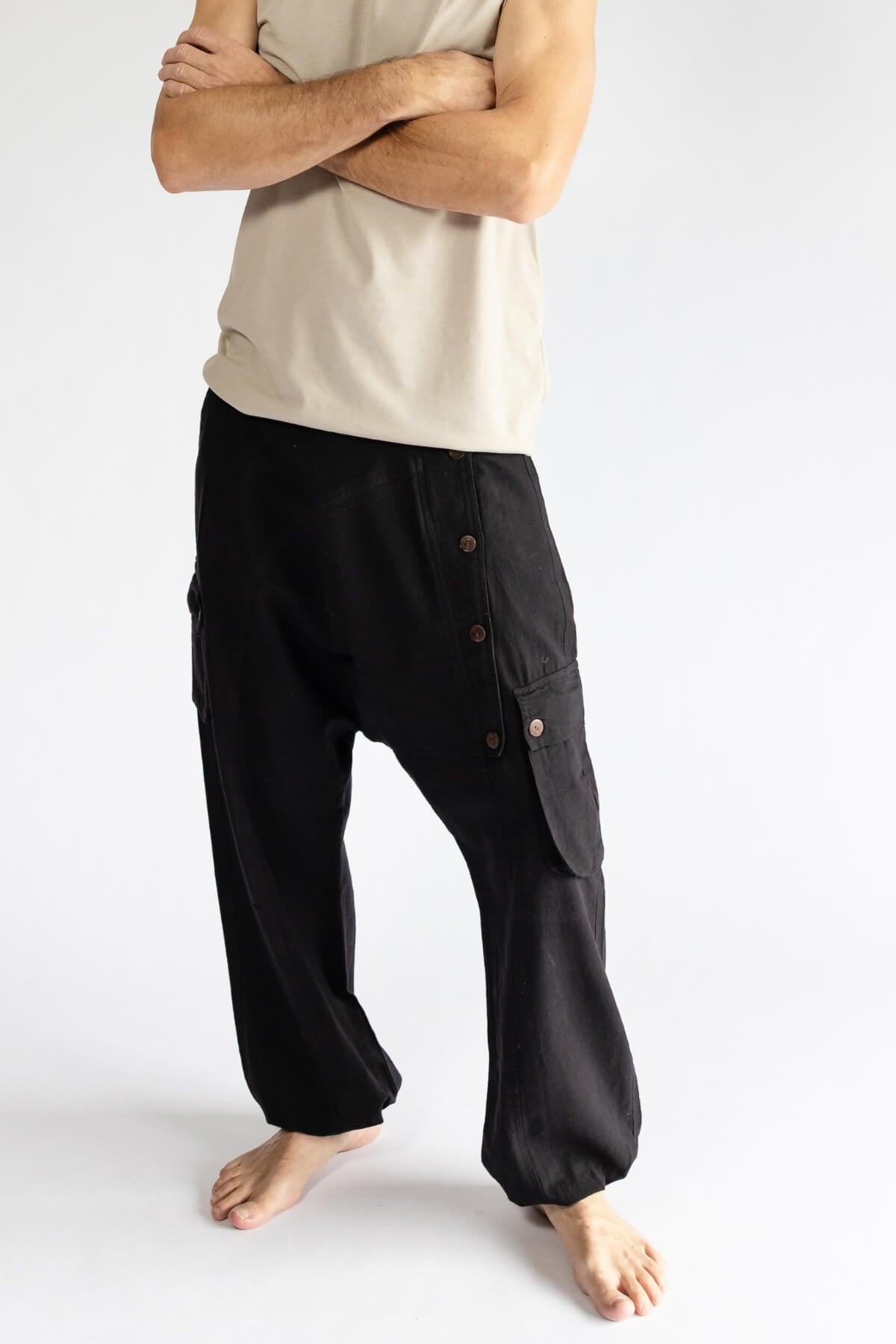 Surya Ethical Cotton Drop Crotch Pants for Men - coconut button detail