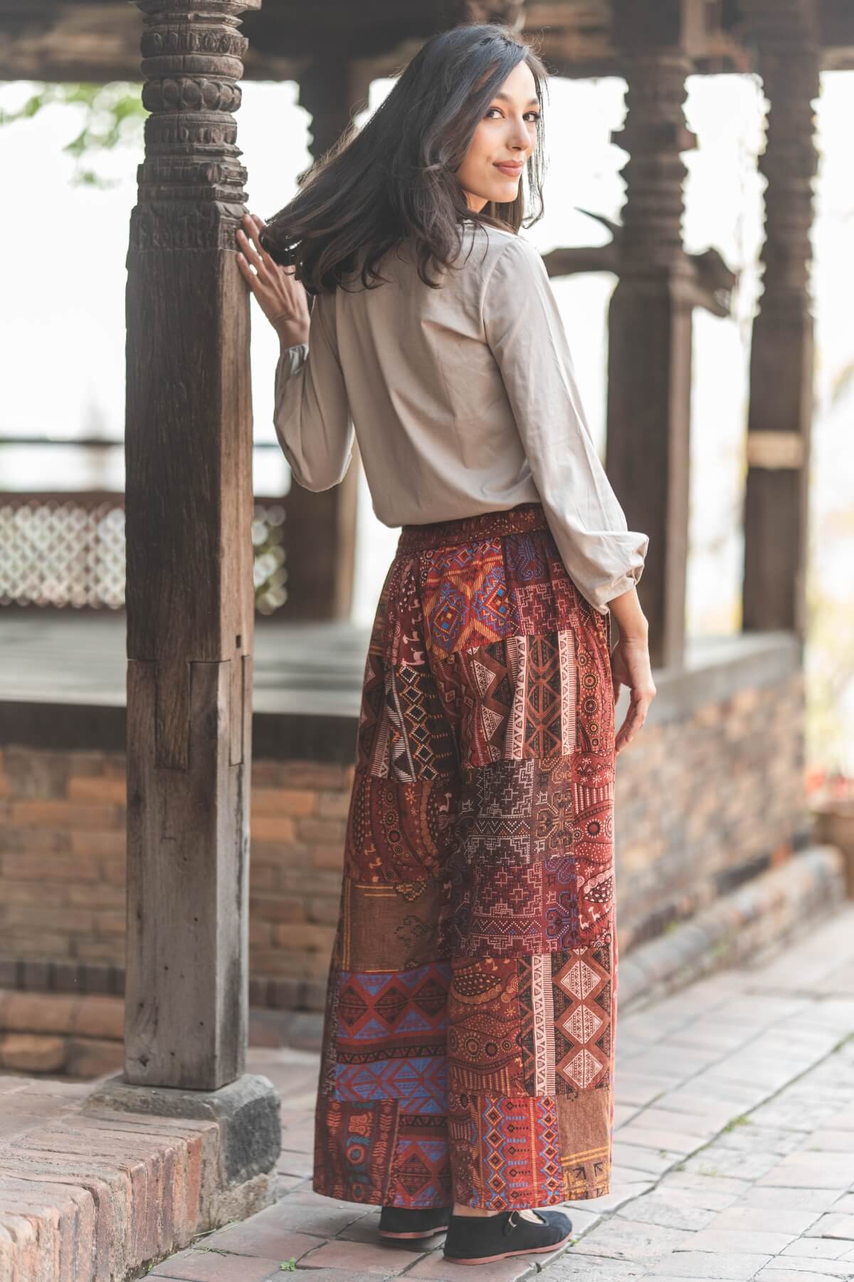 Surya Ethical Cotton Patch Pants - on location in Nepal