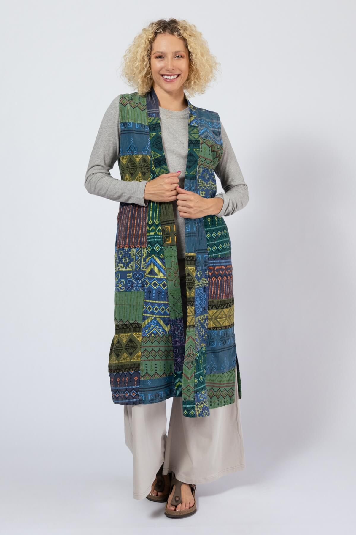 Cotton Sleeveless Patchwork Jacket for Women - Ocean Blue