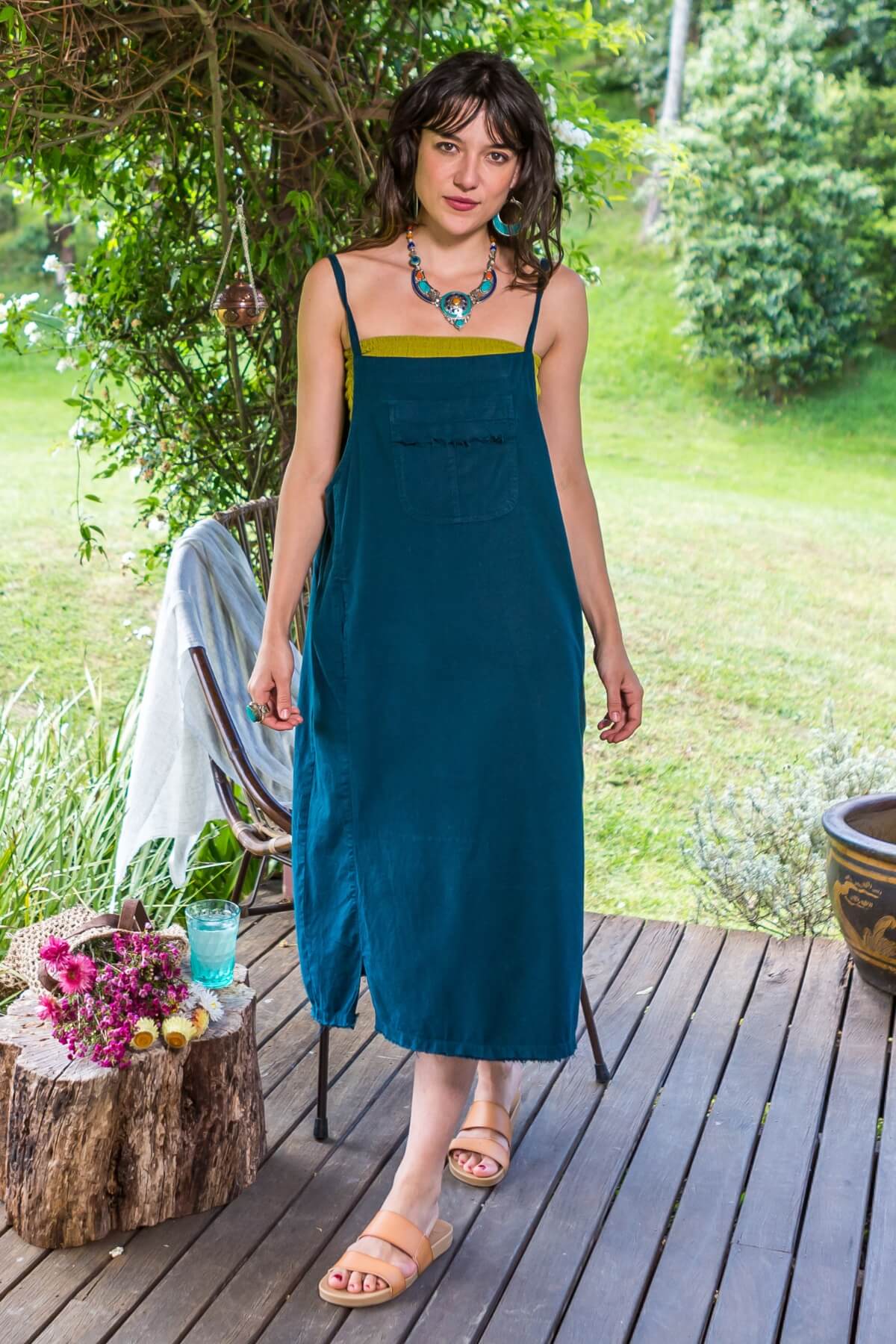 Surya Ethical Cotton 'Sirena' Pinafore from Nepal - Turquoise