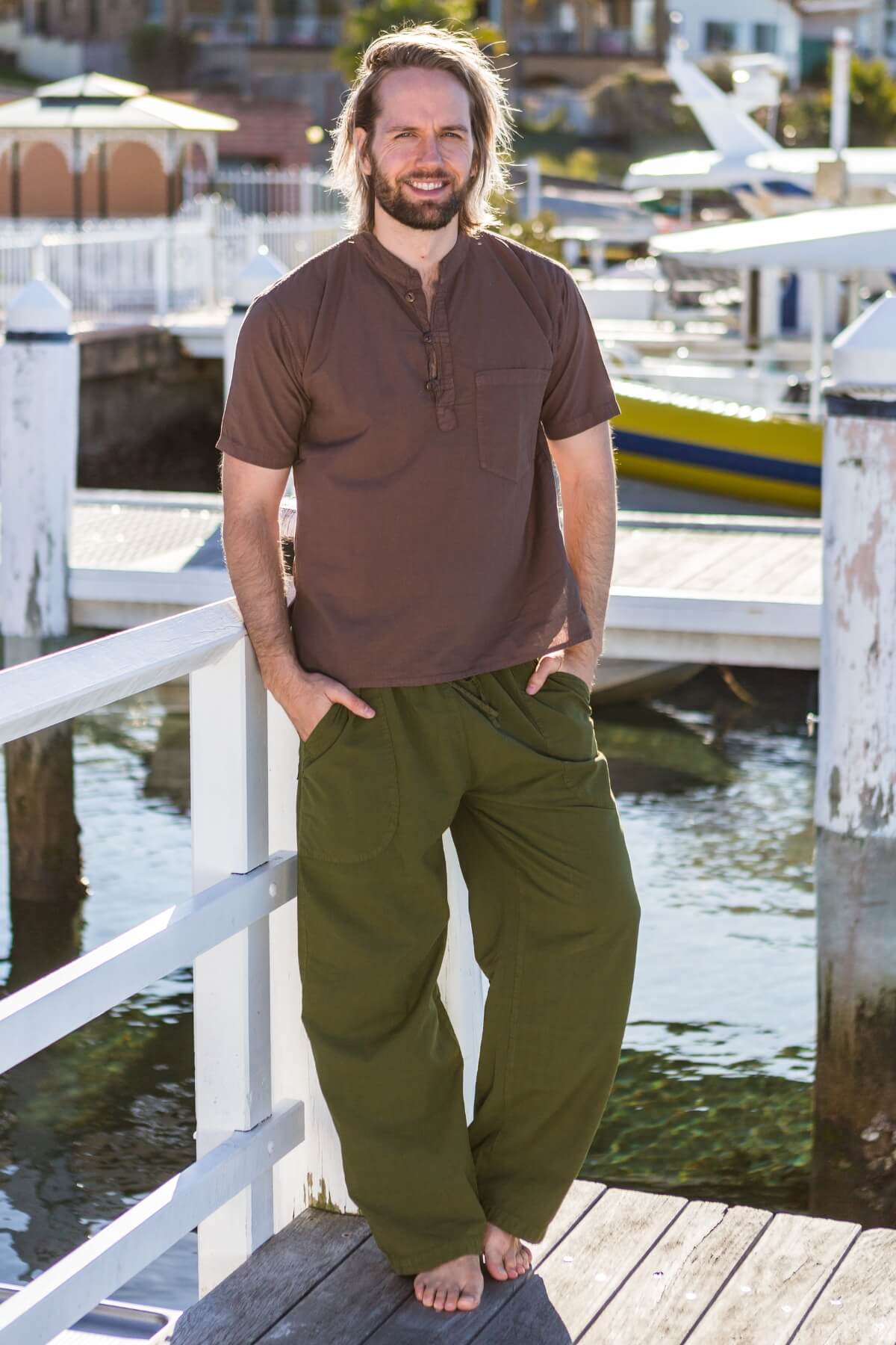 Surya Cotton Everyday Pants for Men from Nepal - on location in Huskisson