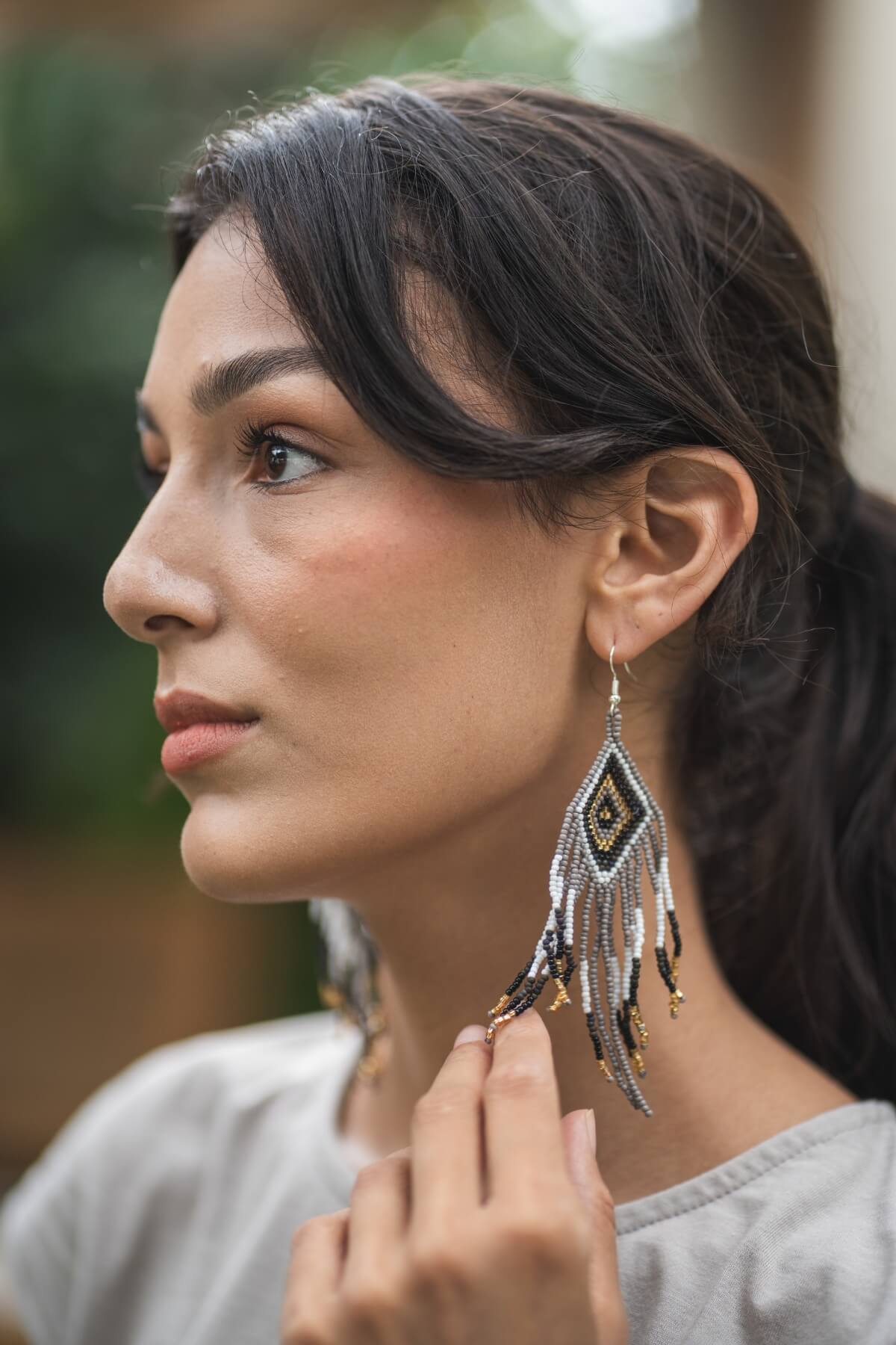 Surya Ethical Glass Bead Earrings - Aztec Grey