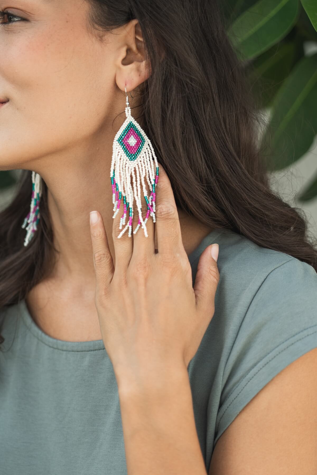 Surya Ethical Glass Bead Earrings made in Nepal - white, pink and blue