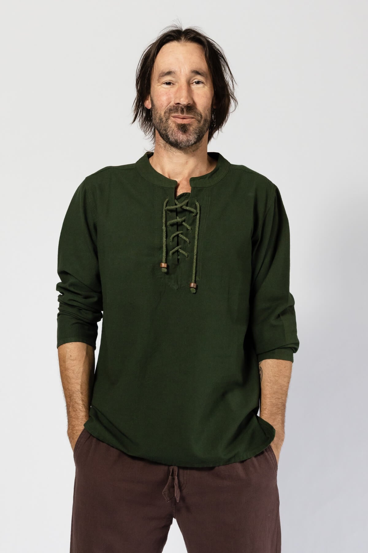 Surya Long Sleeve Cotton Shirt for Men - with tie up rope neckline