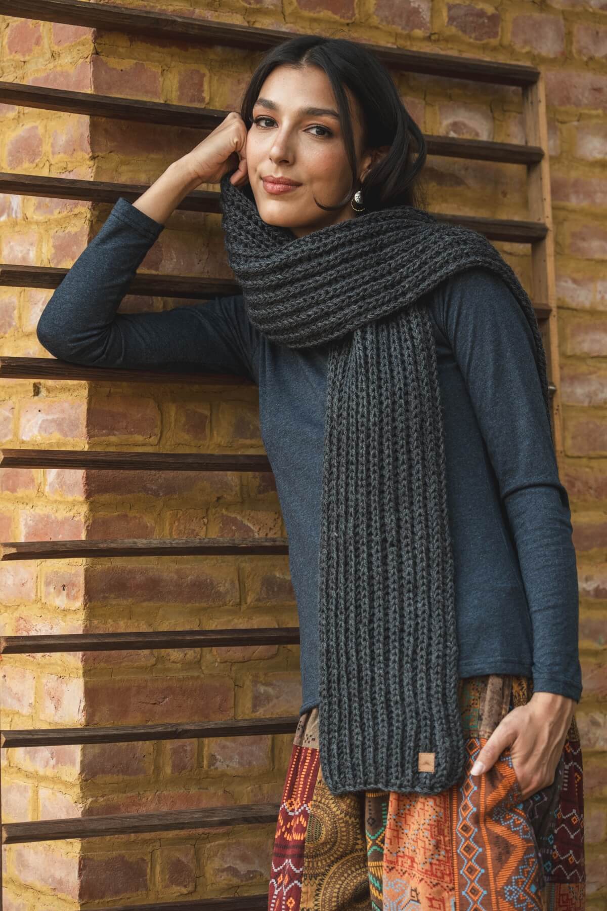 Merino Wool Knitted Scarf for Women made in Nepal - charcoal