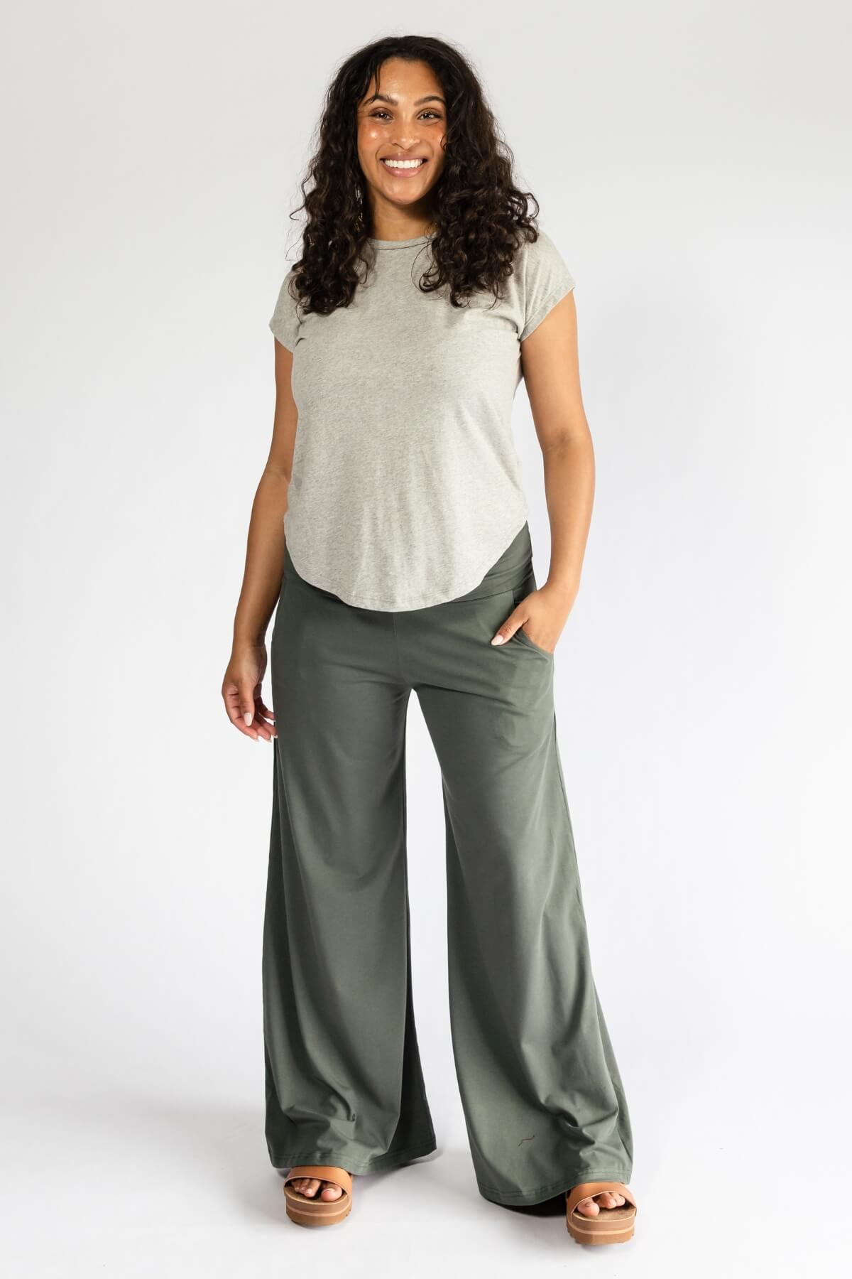 Organic Cotton wide leg pants with turn-down waistband for women