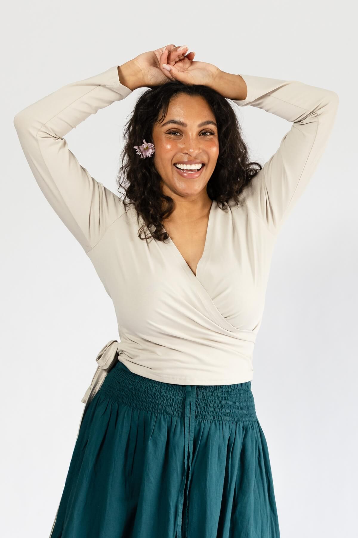 Surya Ethical Long Sleeve Organic Wrap Top - generous sizing
