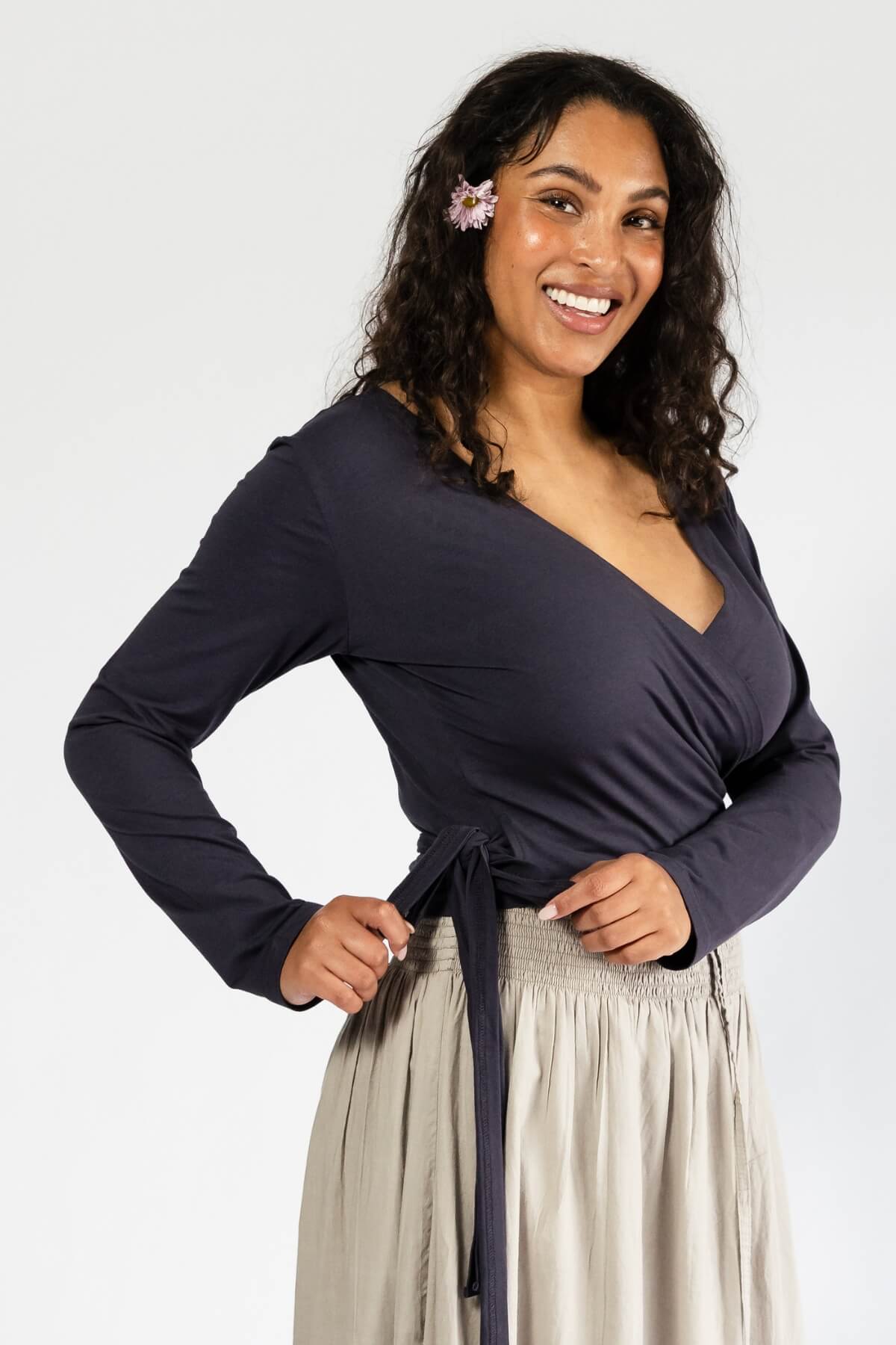 Surya Long Sleeve Organic Wrap Top - with tie at side or rear
