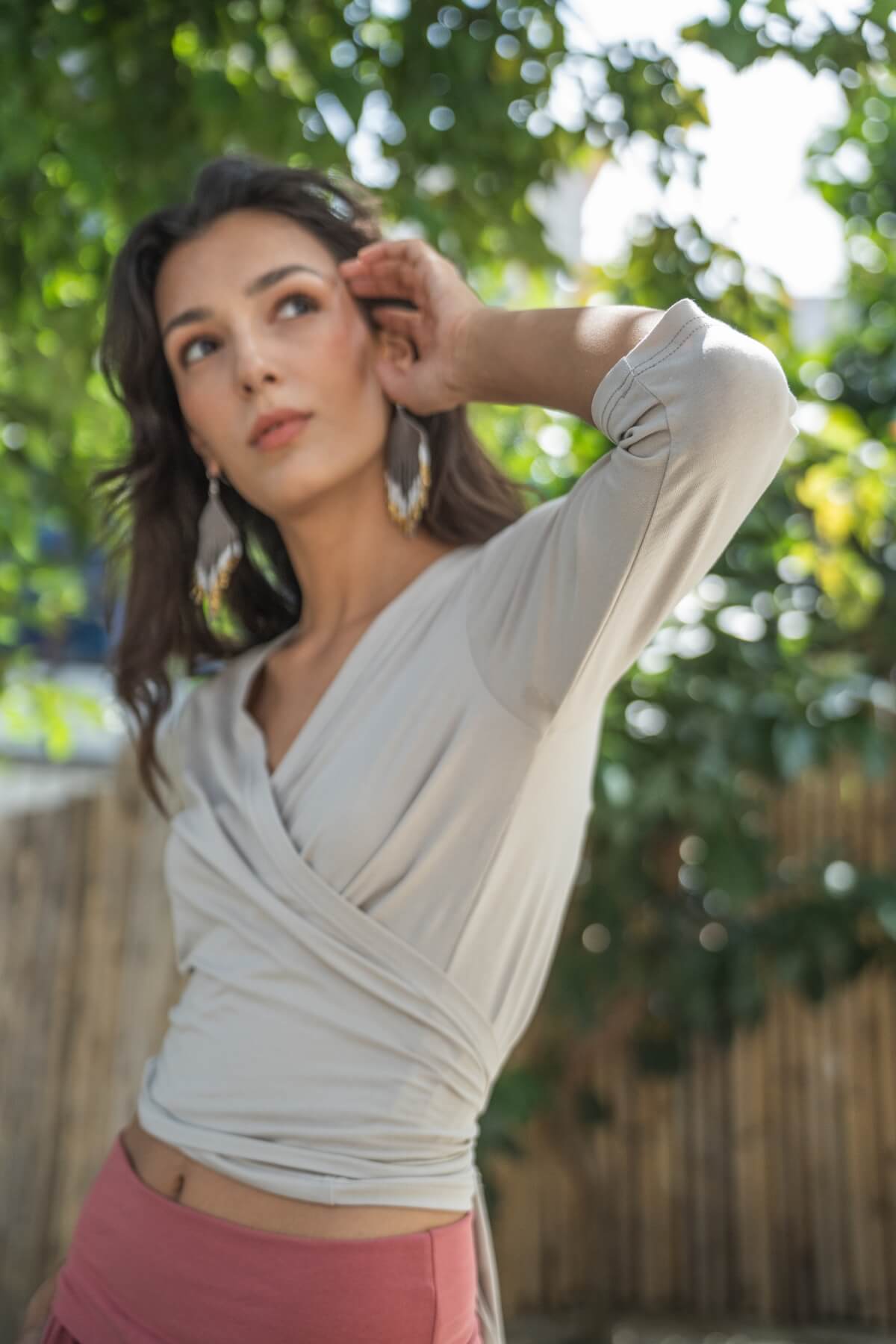 Surya Ethical Organic Wrap Top - three quarter sleeve length