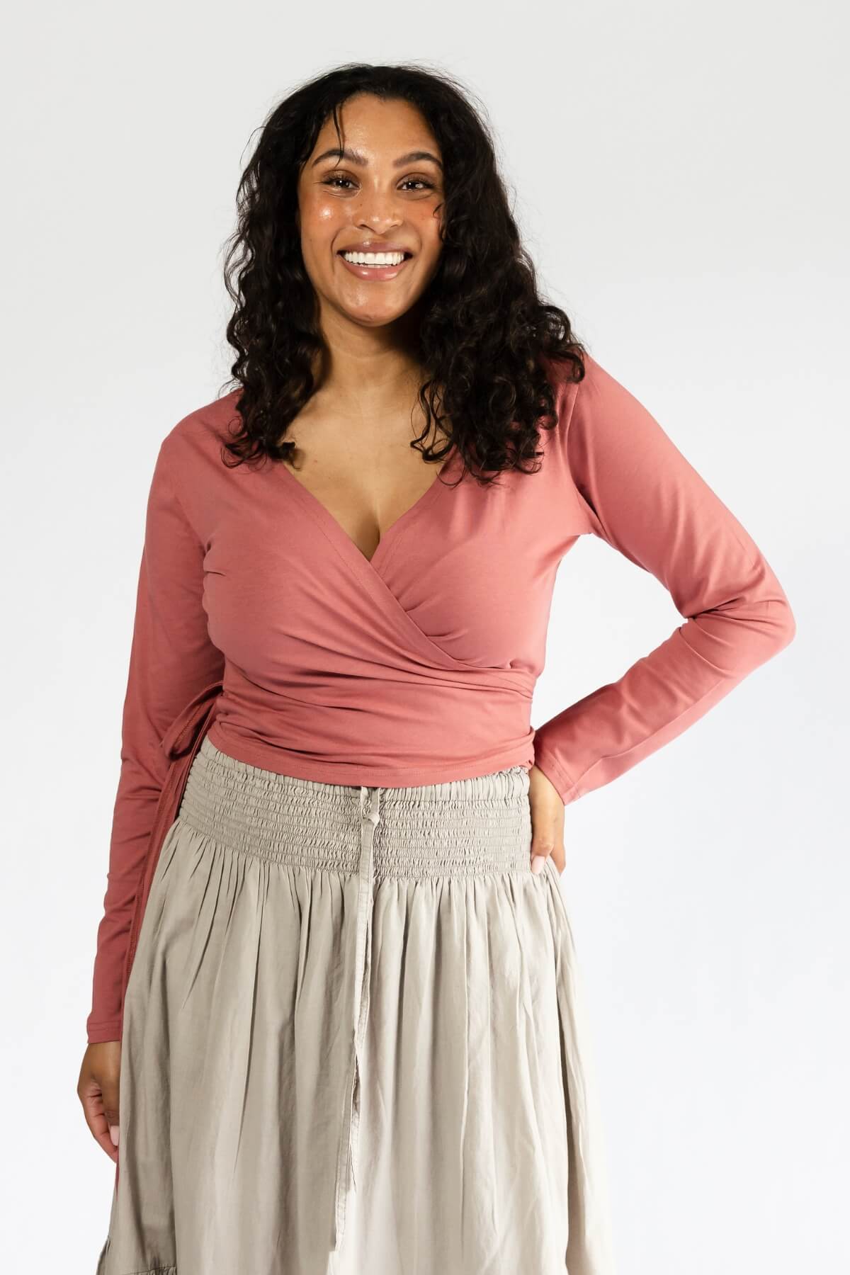 Surya Organic Cotton Long Sleeve Wrap Top - Sundae Pink