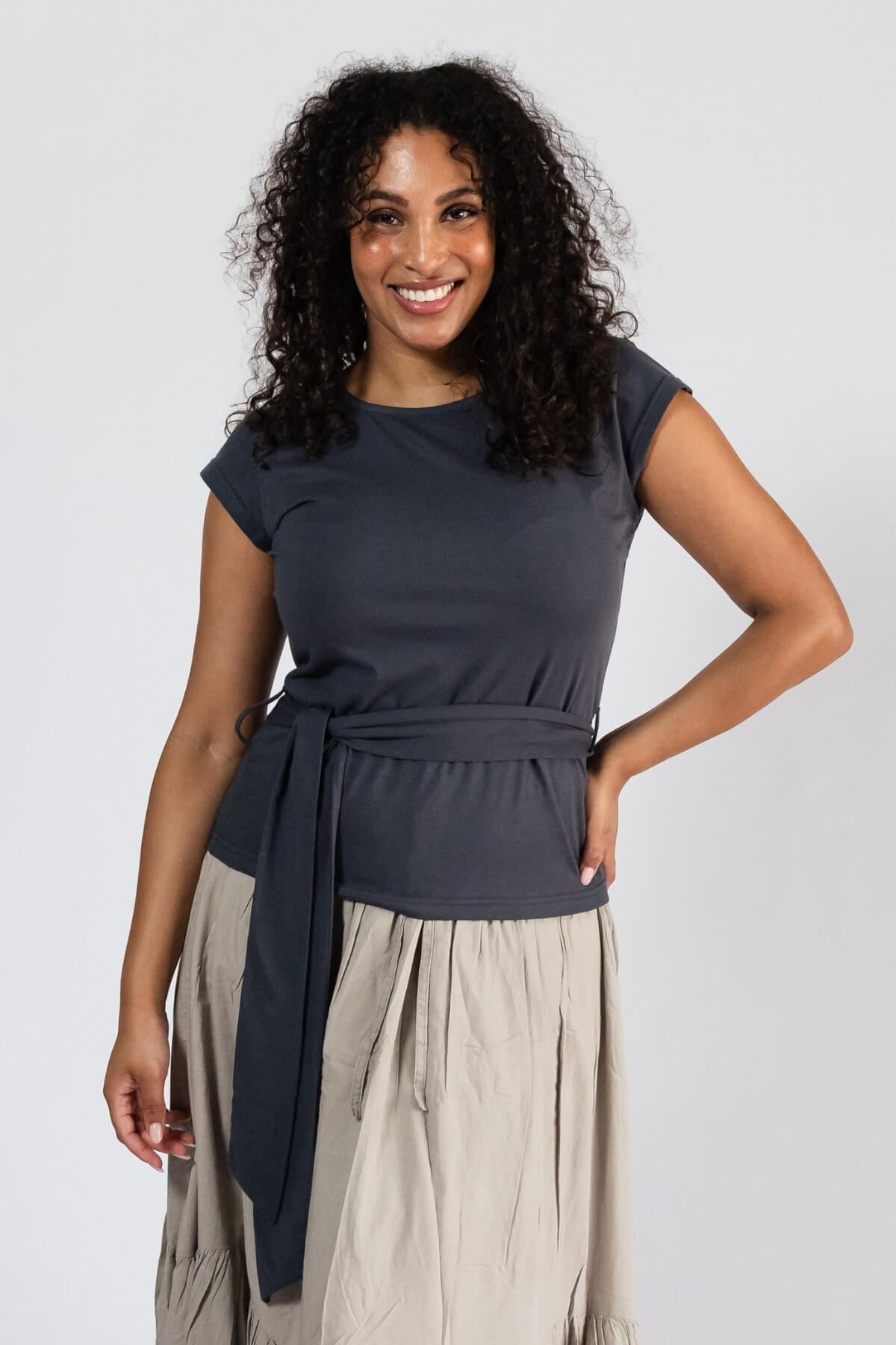 Organic Cotton Capped Sleeve Top for Women - Dusty Grey