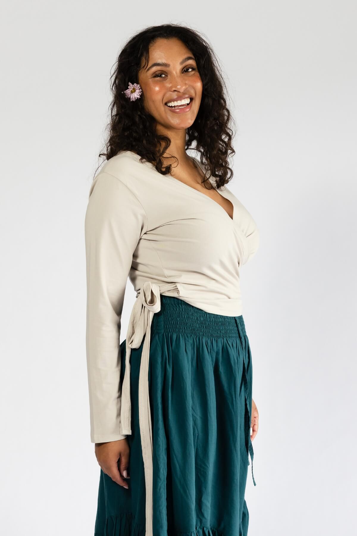 Surya Ethical Long Sleeve Organic Wrap Top - right side view