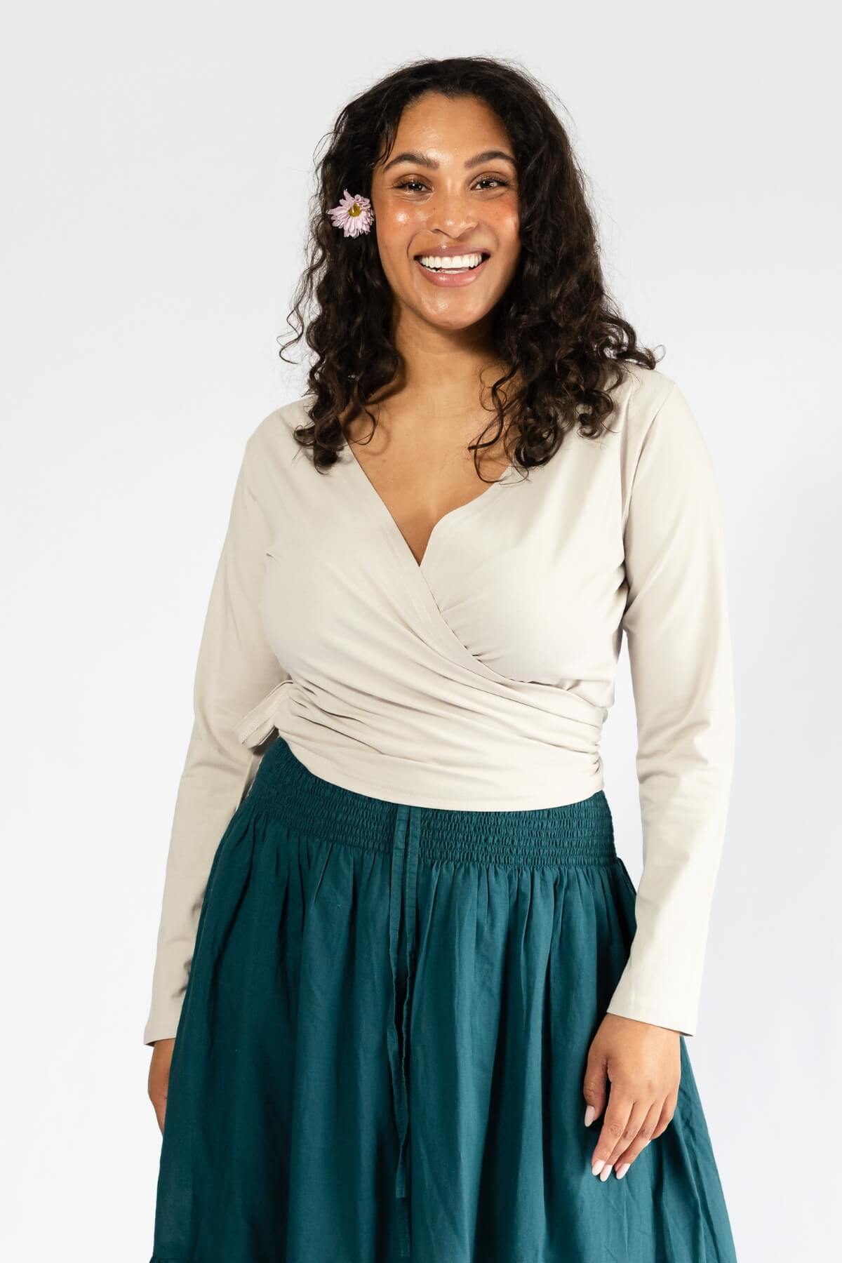 Surya Ethical Long Sleeve Organic Wrap Top - Oatmeal