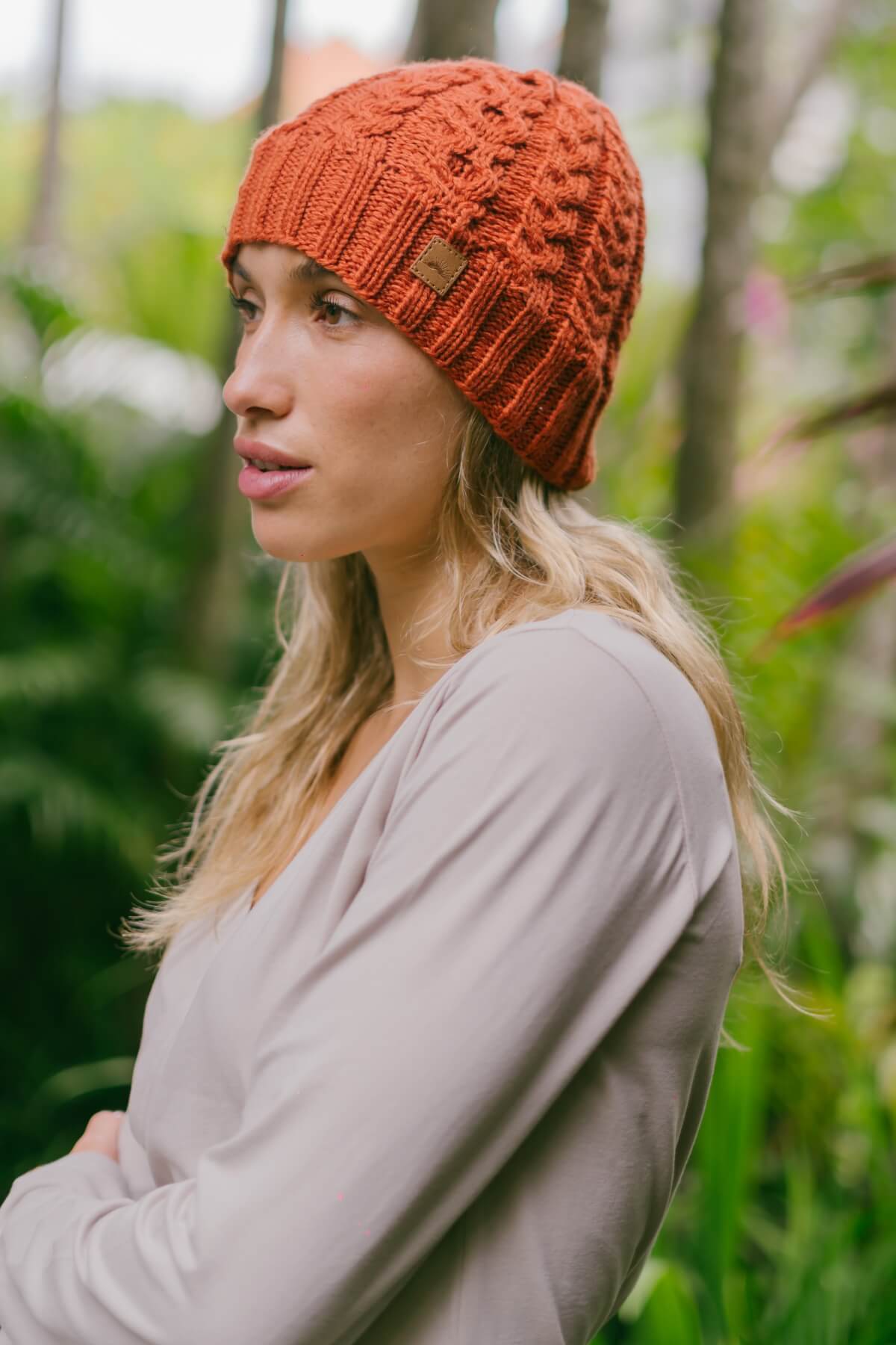 Ethical merino wool beanie for women - burnt orange