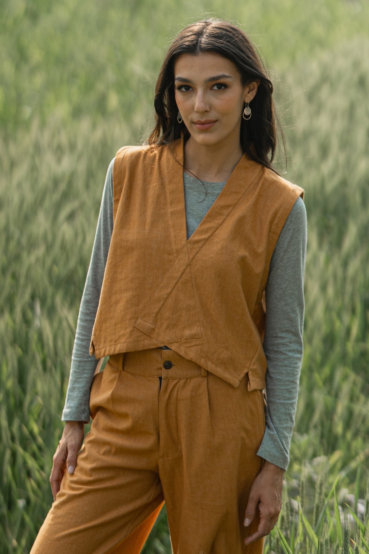 Surya Organic Jacquard Denim Ayumi Vest - Mustard