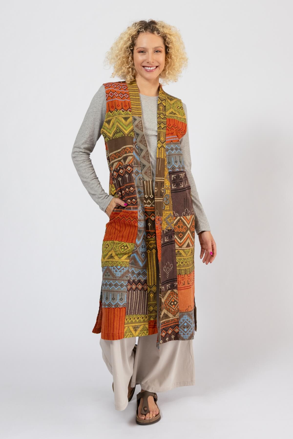 Cotton Sleeveless Patch Jacket for Women - Earth Brown