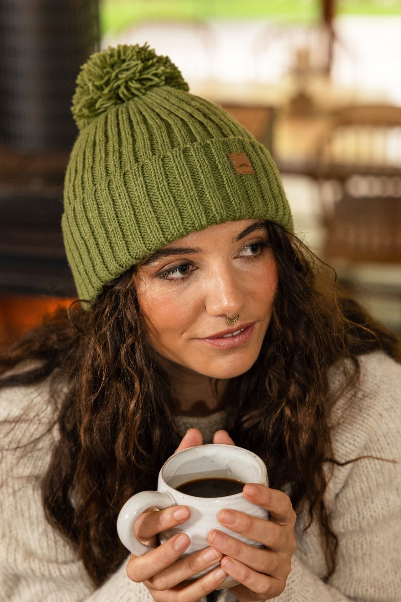 Surya Australia Wool 'Pompom' Beanie for women made in Nepal - Green
