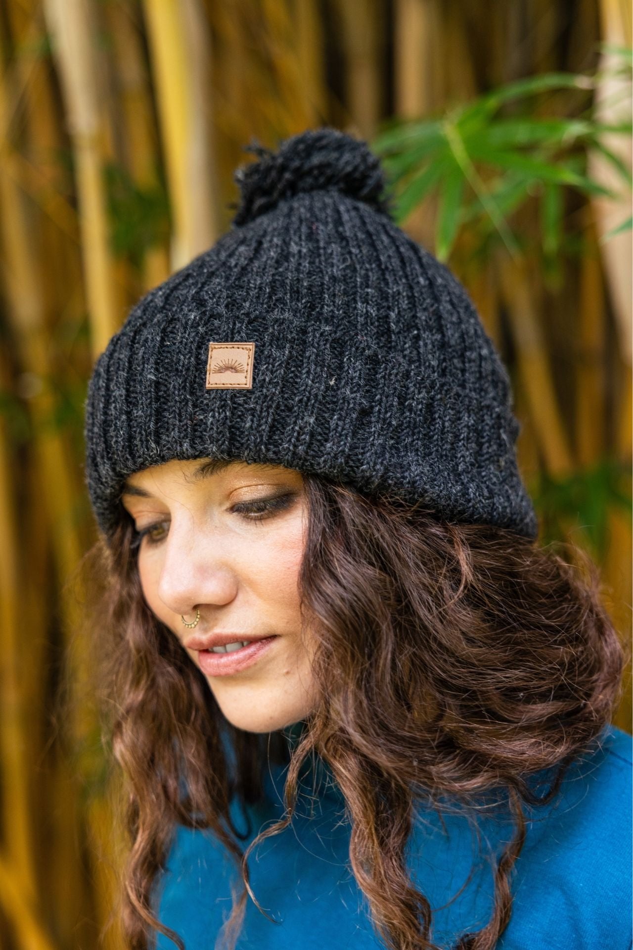 Surya Australia Wool 'Pompom' Beanie for women made in Nepal - Charcoal
