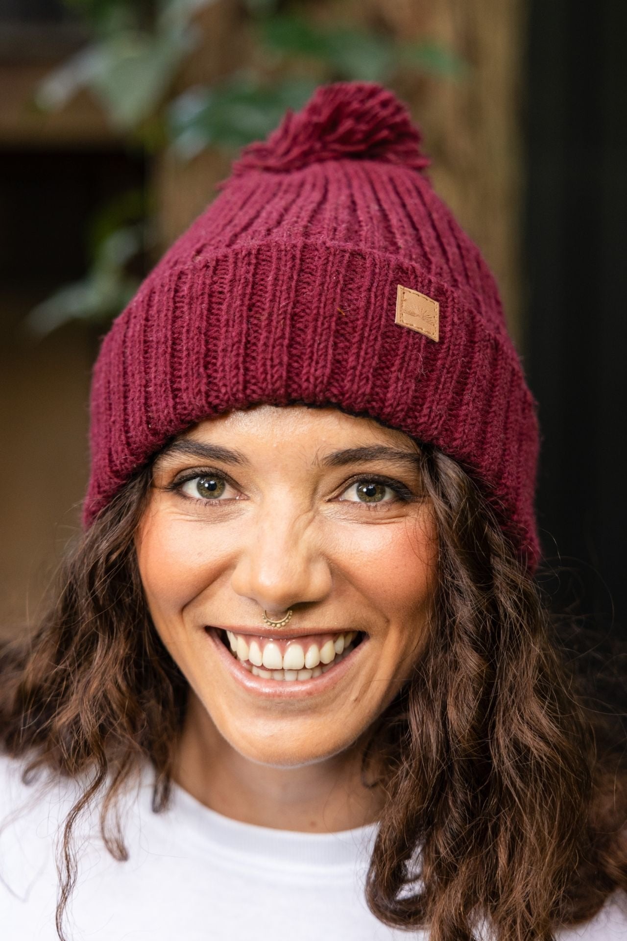 Surya Australia Wool 'Pompom' Beanie for women made in Nepal - Maroon