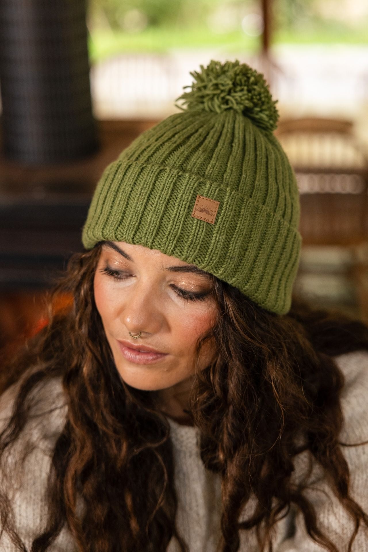 Surya Australia Wool 'Pompom' Beanie for women made in Nepal - Green