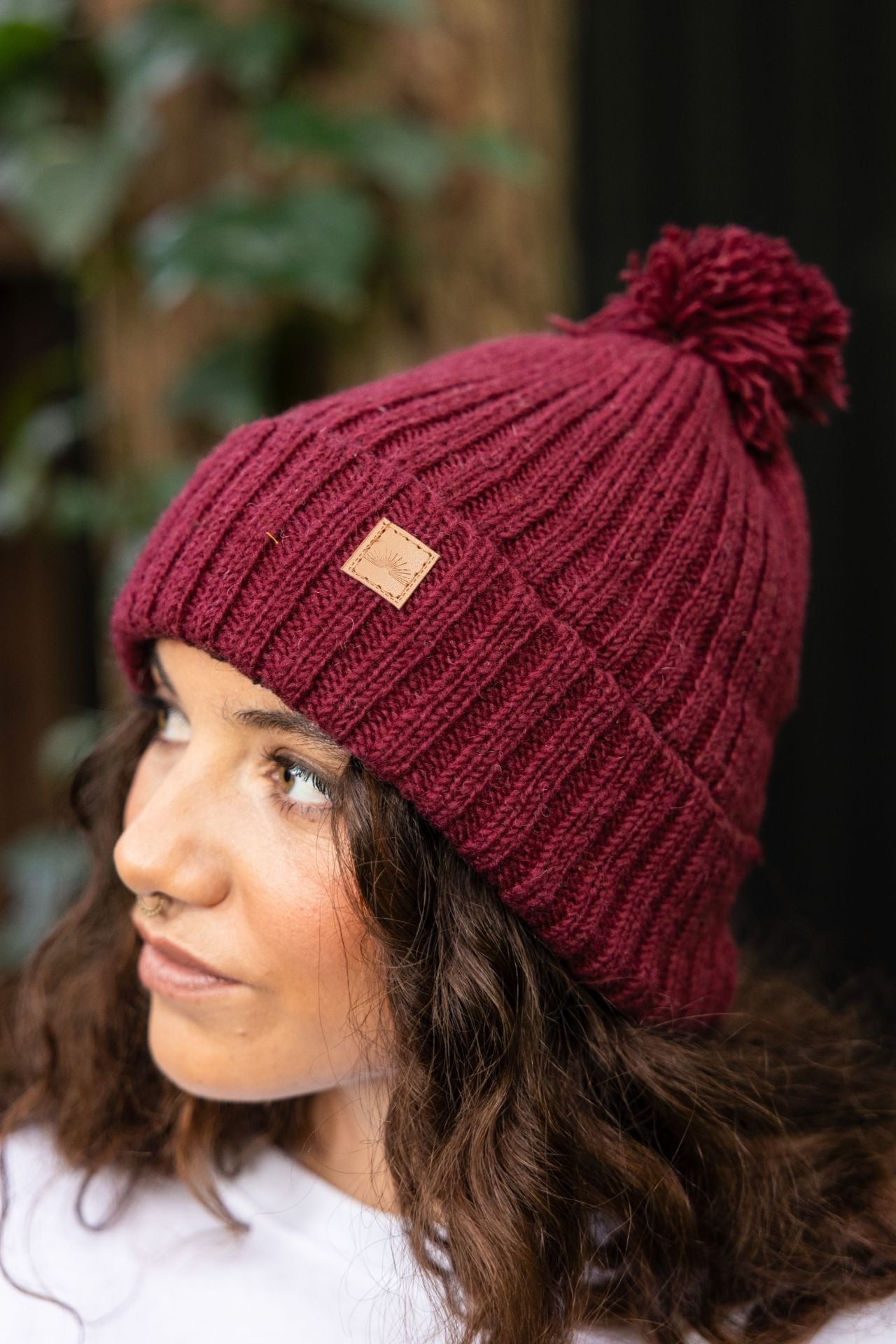 Surya Australia Wool 'Pompom' Beanie for women made in Nepal - Maroon