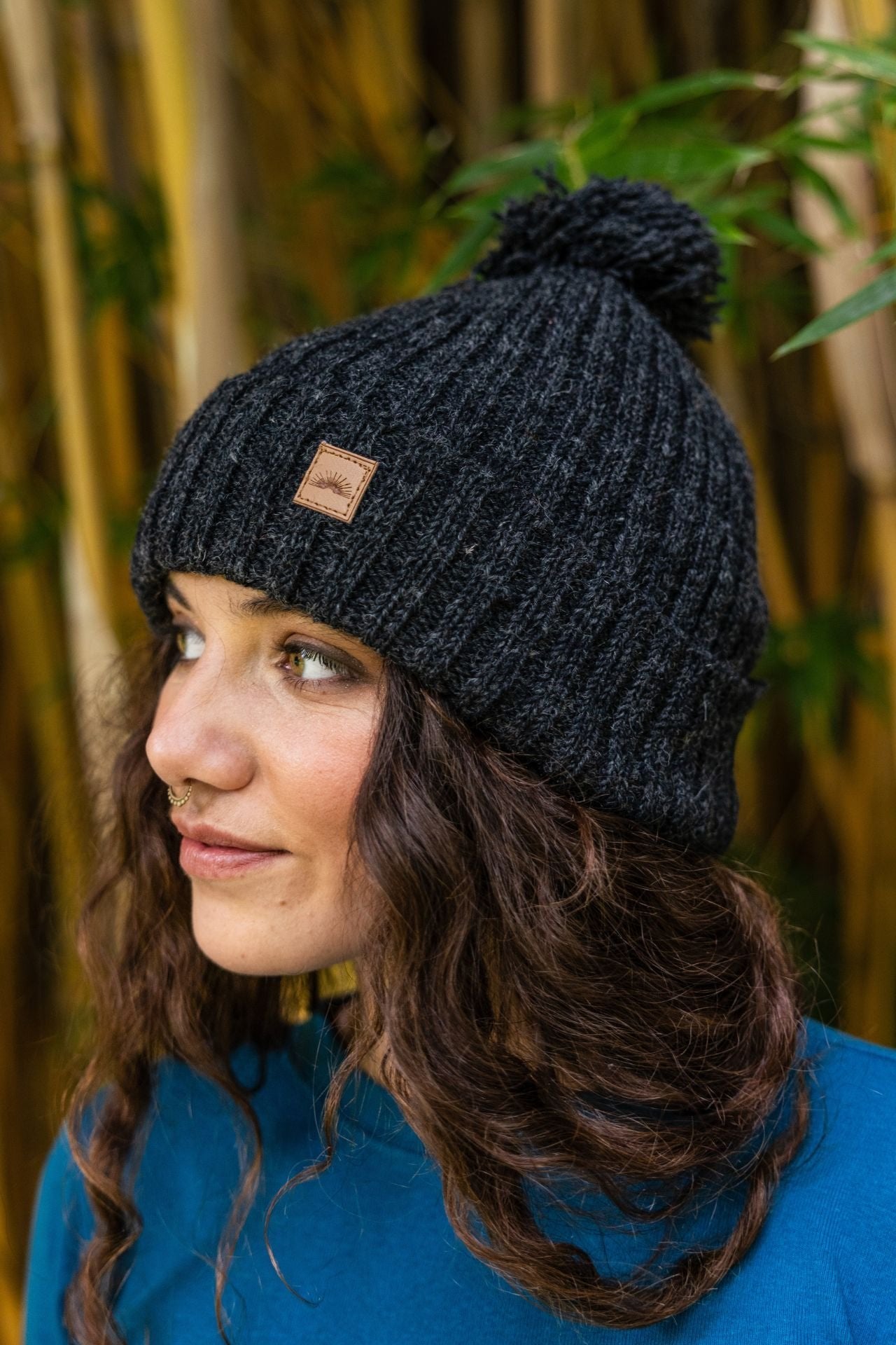 Surya Australia Wool 'Pompom' Beanie for women made in Nepal - Charcoal