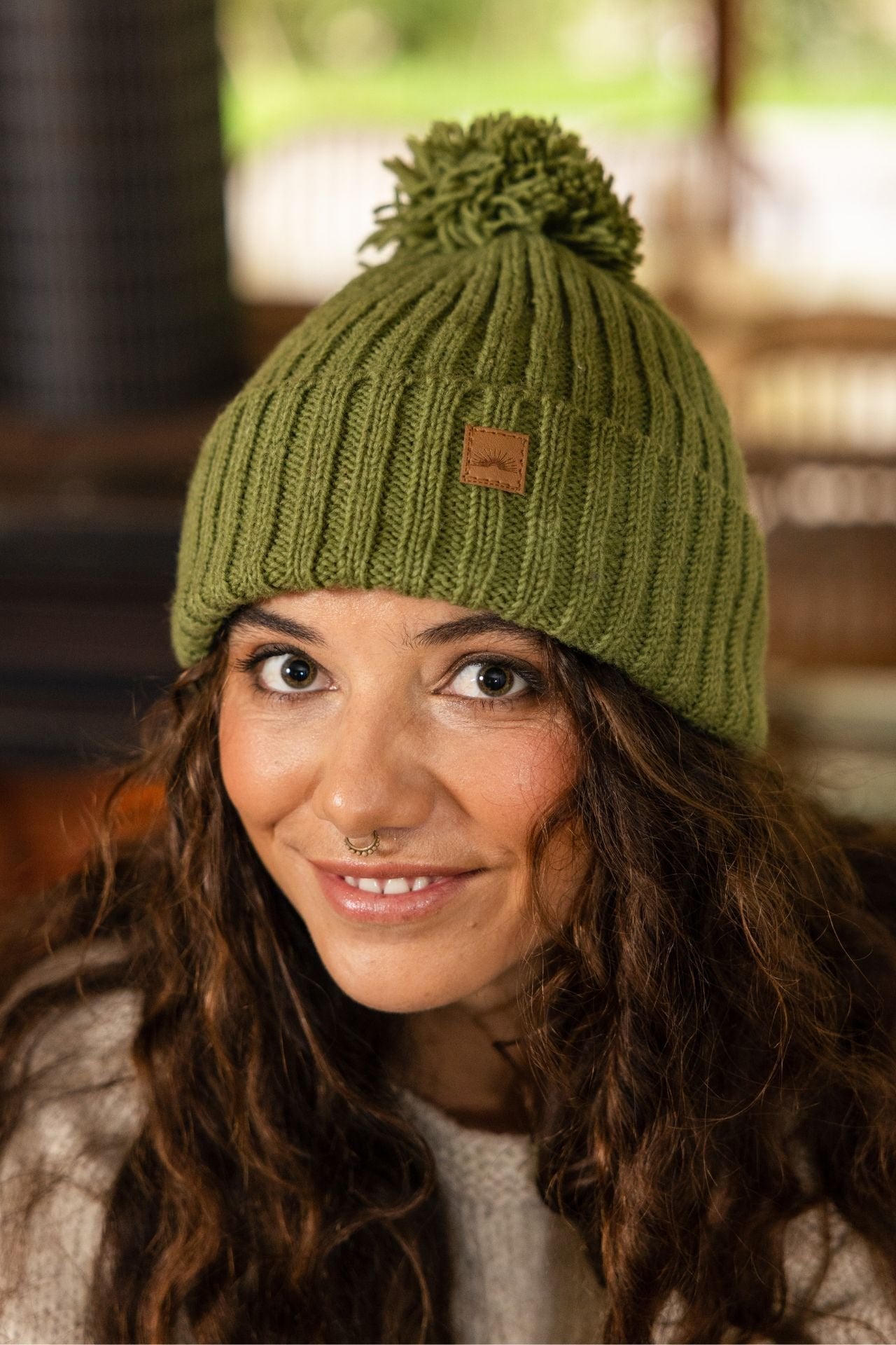 Surya Australia Wool 'Pompom' Beanie for women made in Nepal - Green