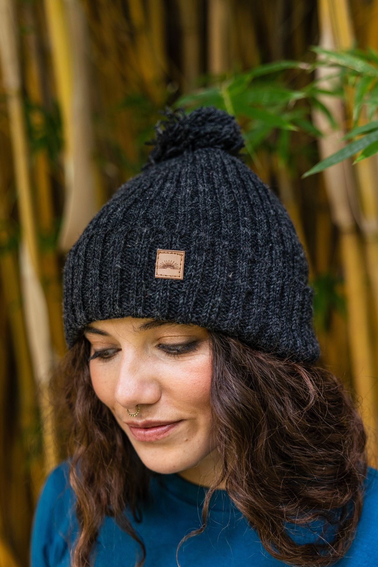 Surya Australia Wool 'Pompom' Beanie for women made in Nepal - Charcoal
