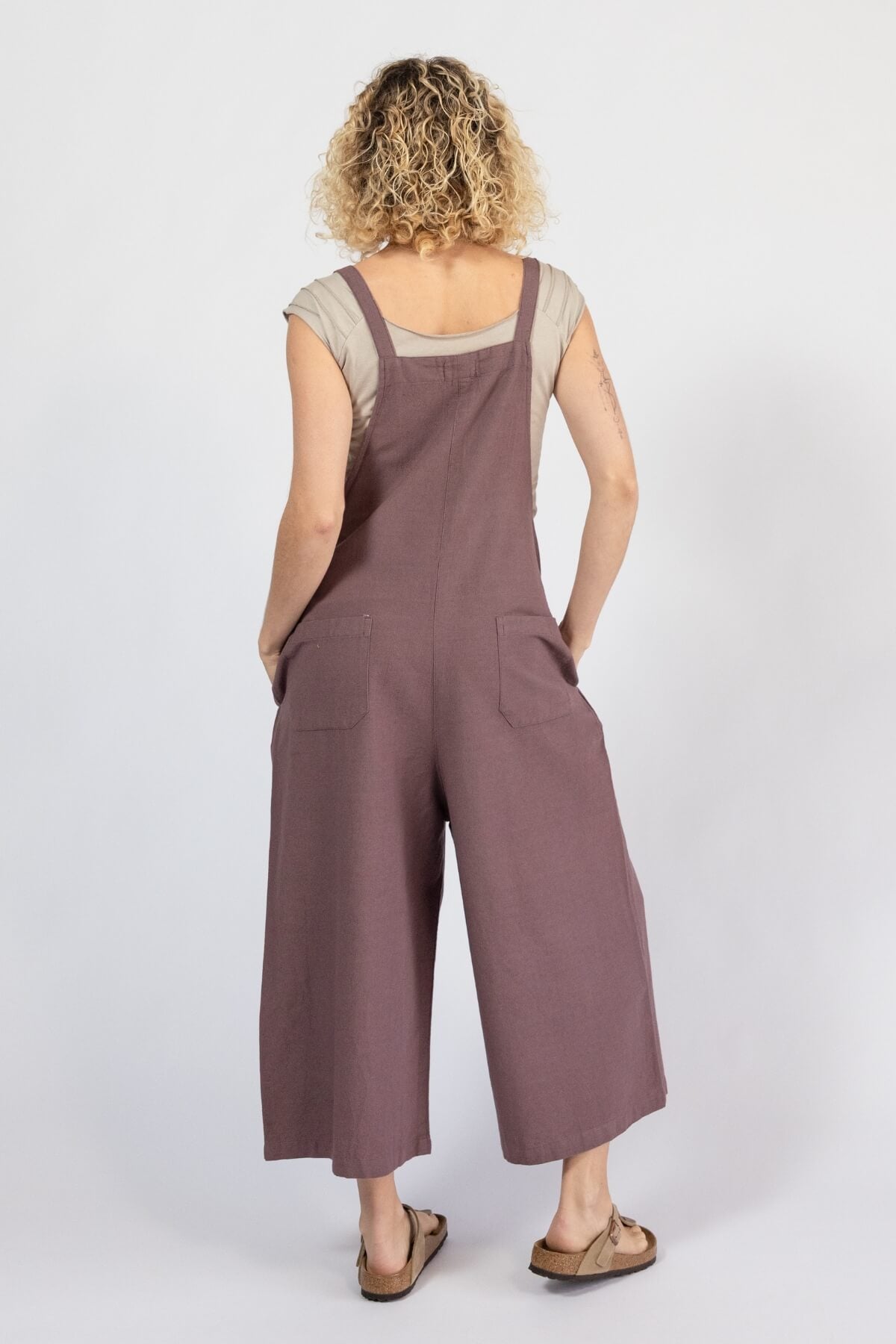 Ethical baggy cotton overalls for women – rear view