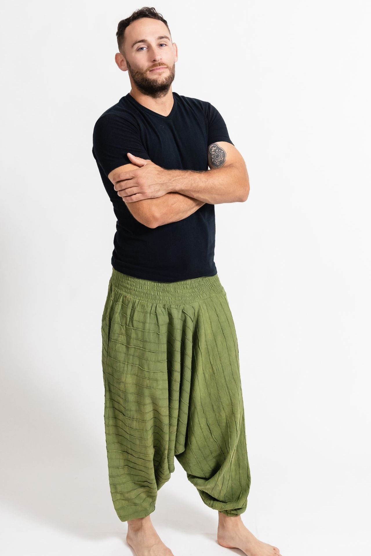 Surya Australia Earthy Cotton Aladdin Pants for men from Nepal - Green