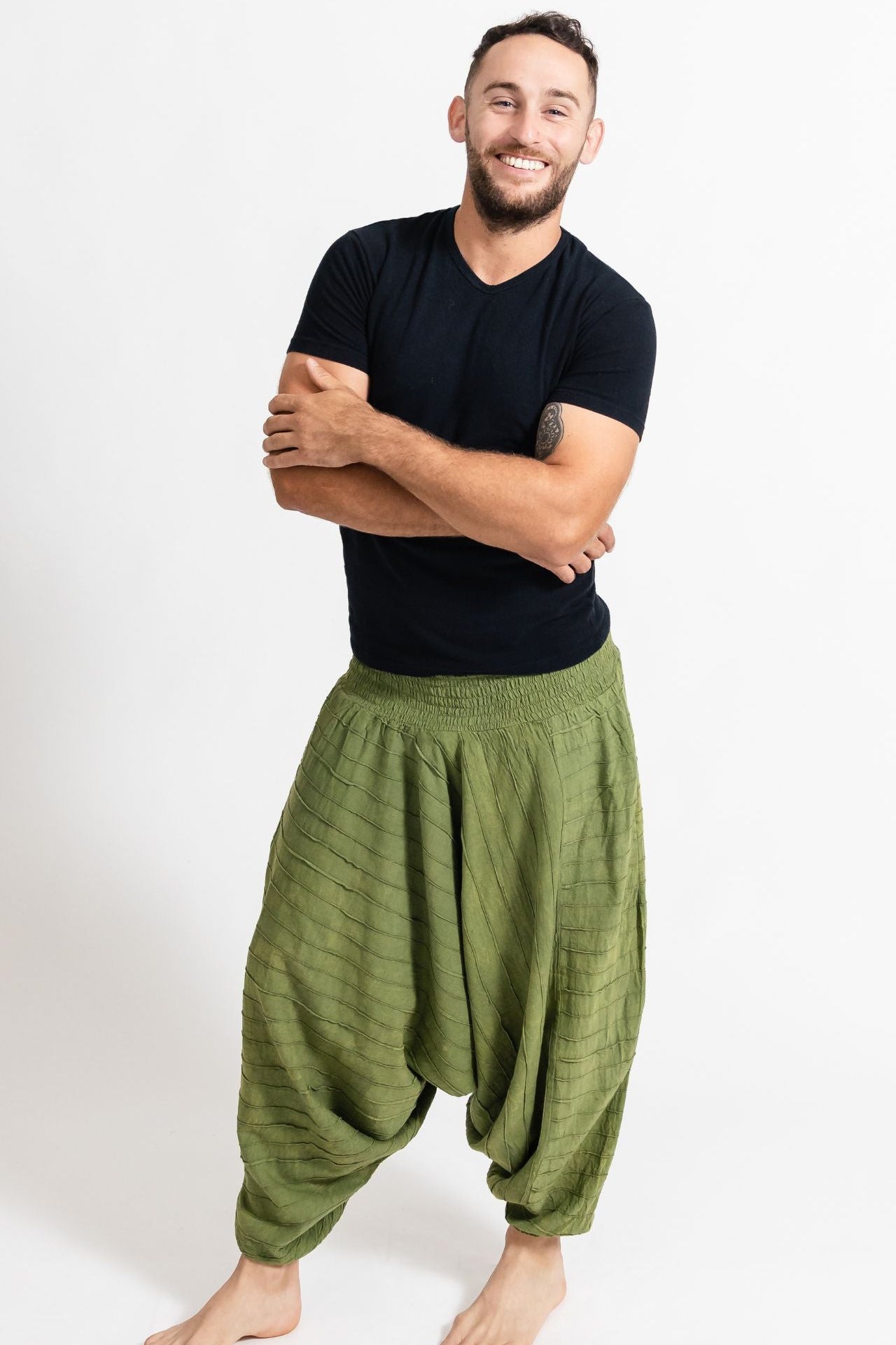 Surya Australia Earthy Cotton Aladdin Pants for men from Nepal - Green