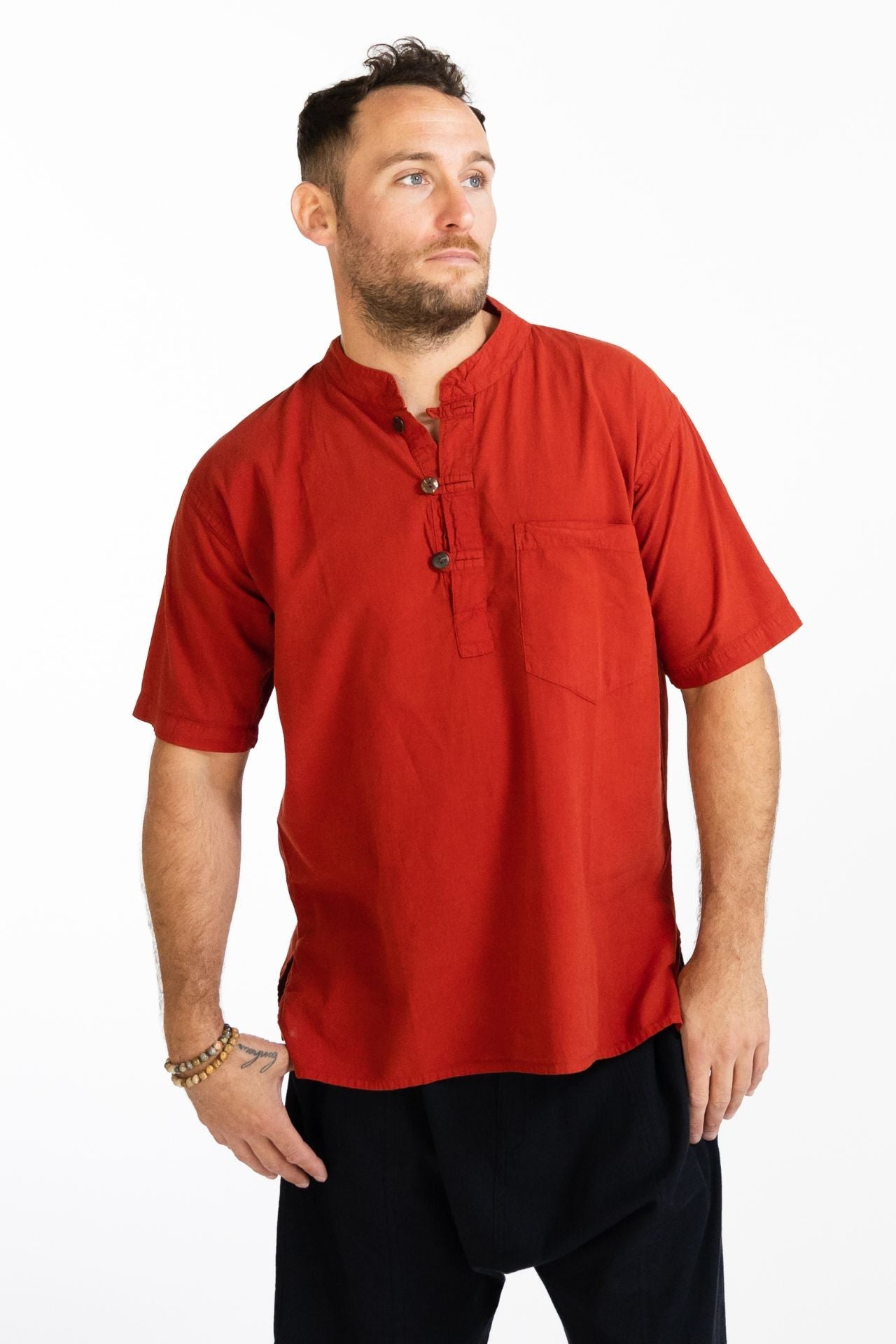 Surya Cotton Pablo Shirt made in Nepal - rising collar detail