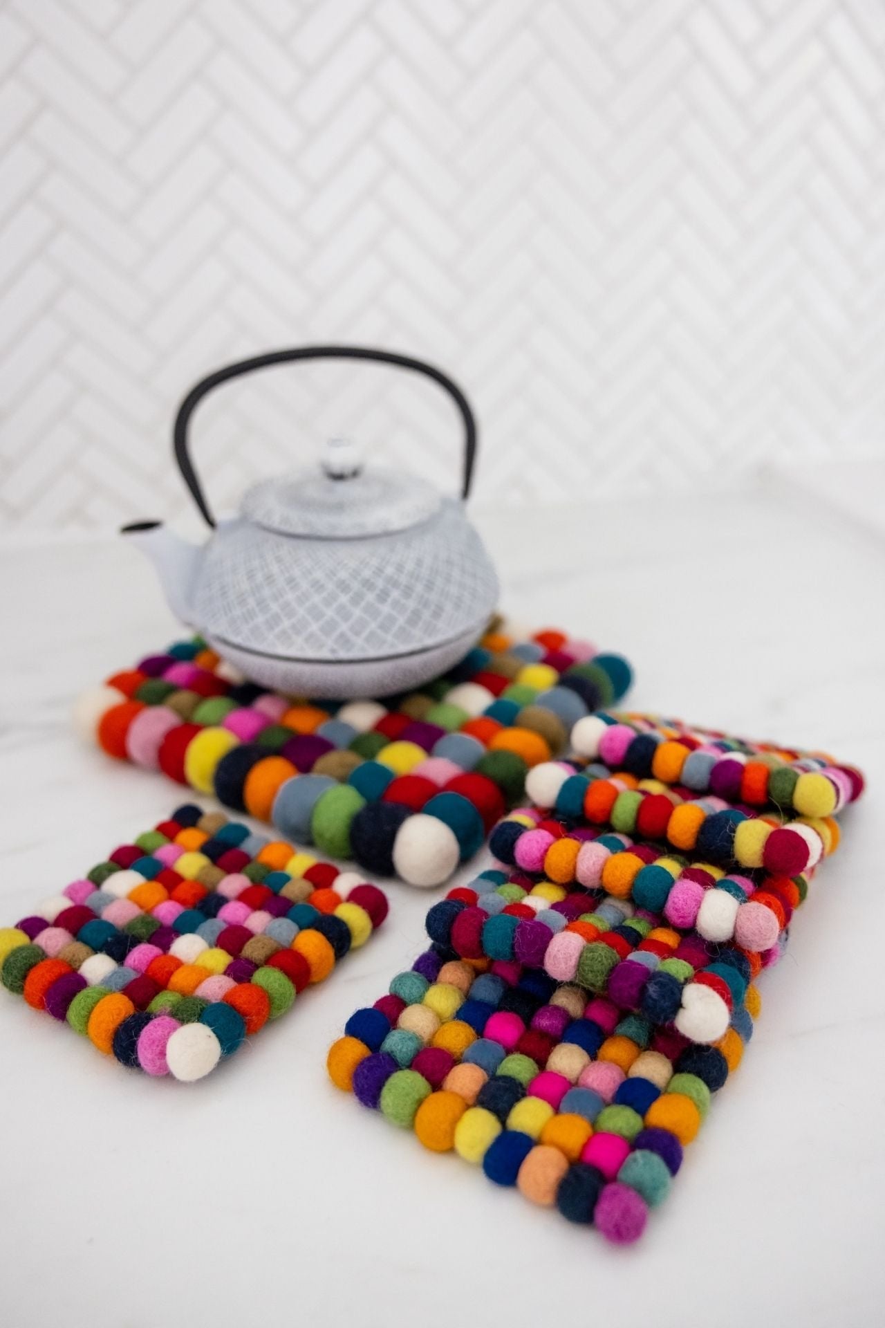 Surya Australia Ethical Felt Ball Coasters and Felt Ball Trivet Set from Nepal - Square