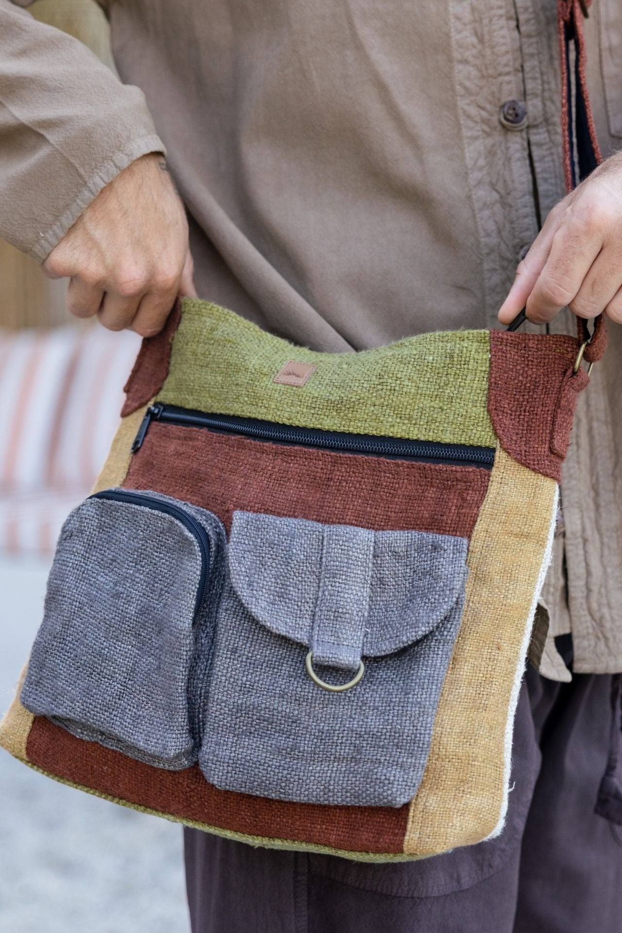 Surya Australia Hemp 'Safari' Bag for men made in Nepal - Grey