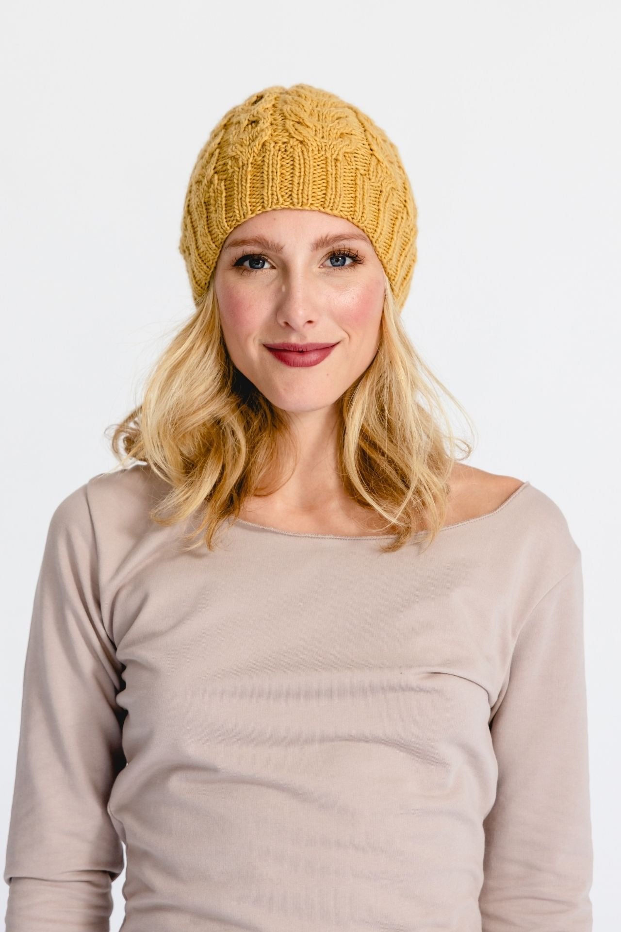 Surya Australia Ethical Cable Knit Merino Wool Beanie from Nepal - Mustard