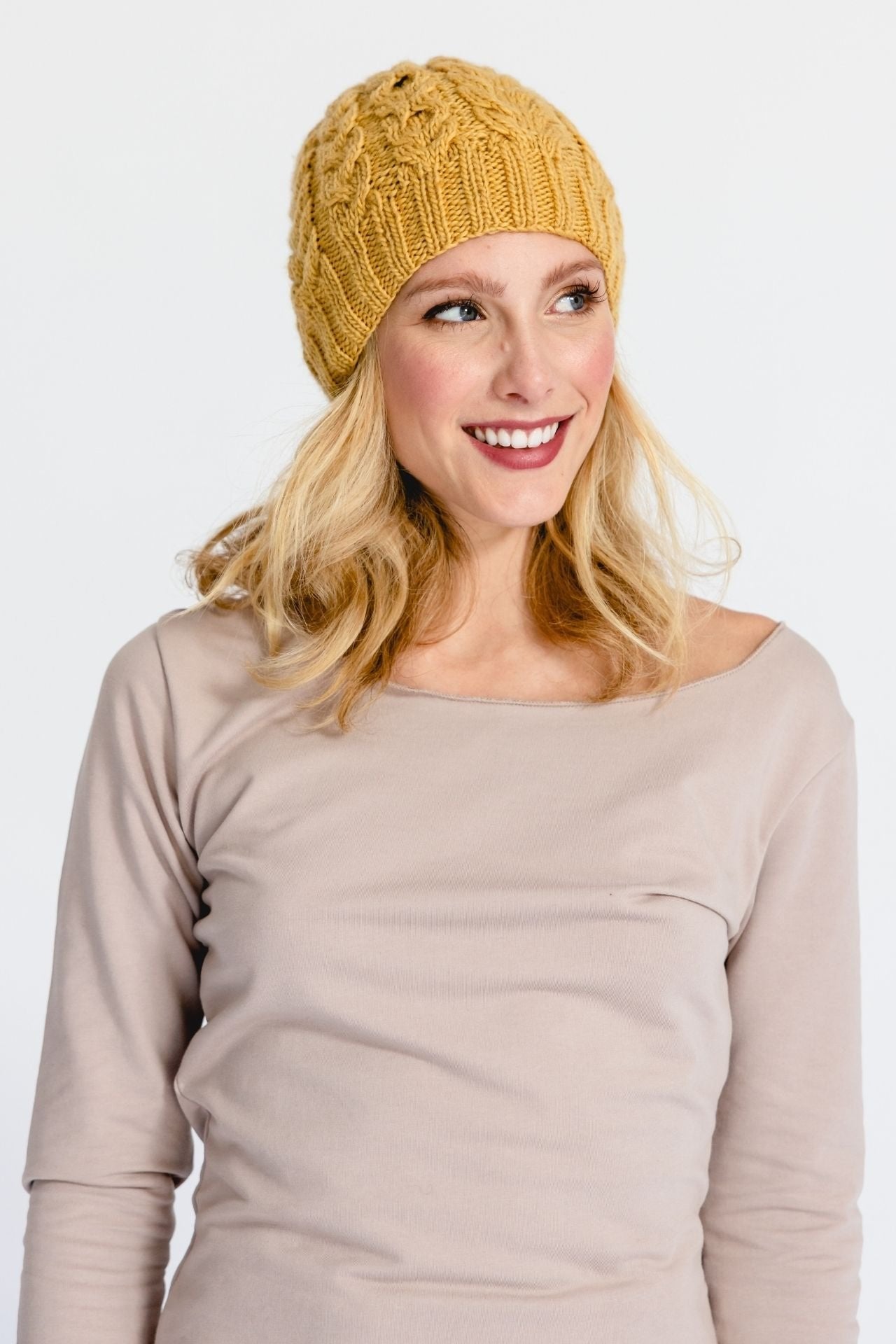 Surya Australia Ethical Cable Knit Merino Wool Beanie from Nepal - Mustard