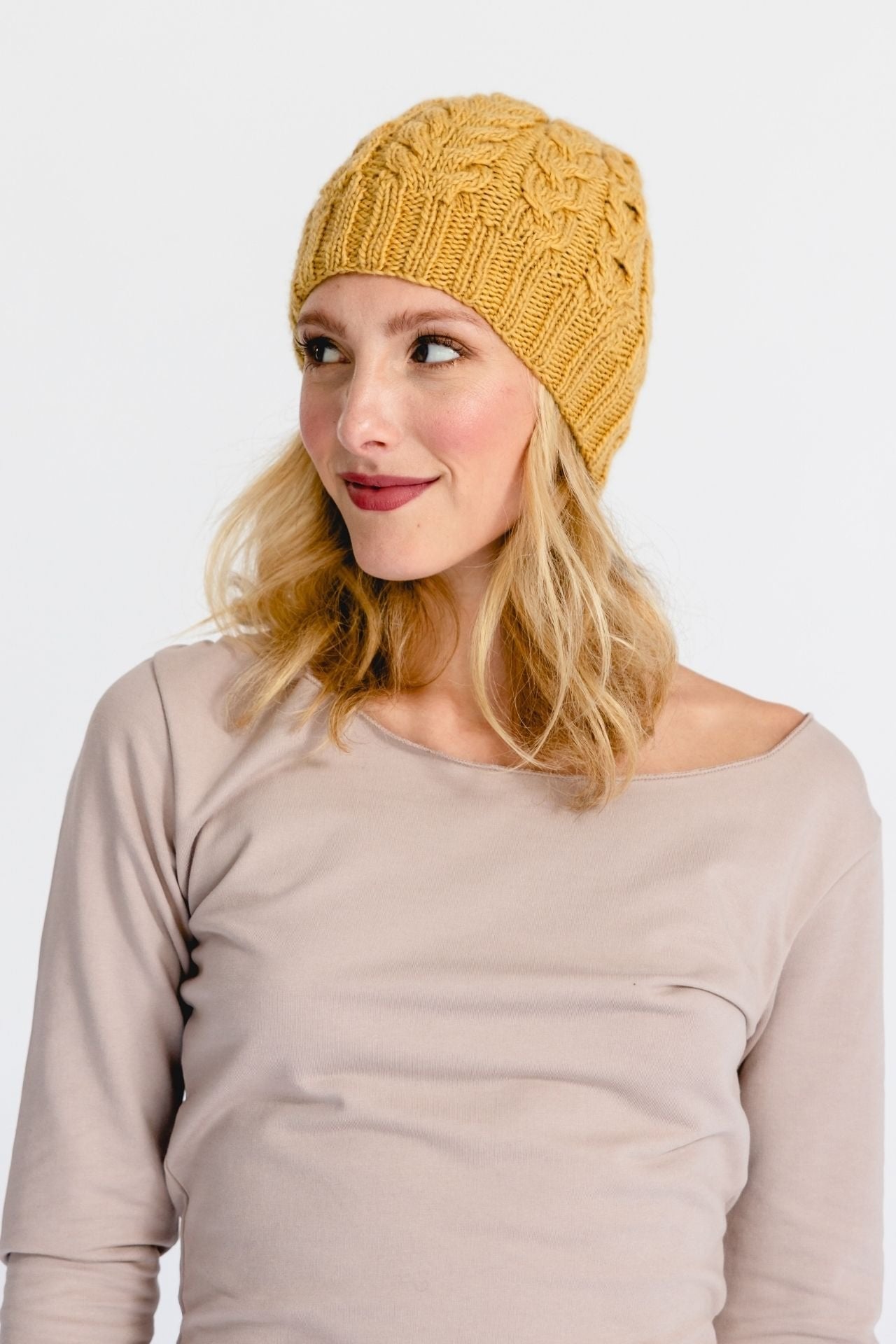 Surya Australia Ethical Cable Knit Merino Wool Beanie from Nepal - Mustard