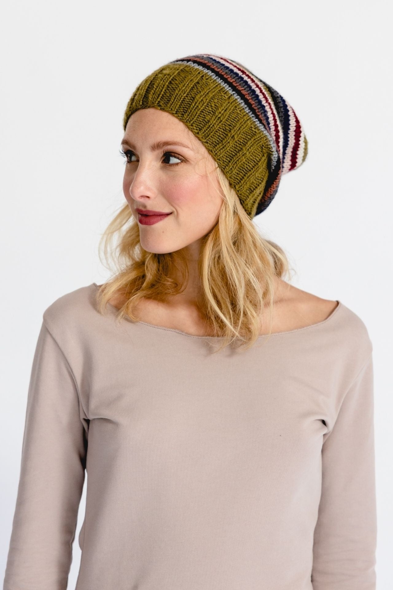 Surya Australia Ethical Merino Wool Slouch Beanie from Nepal - Khaki