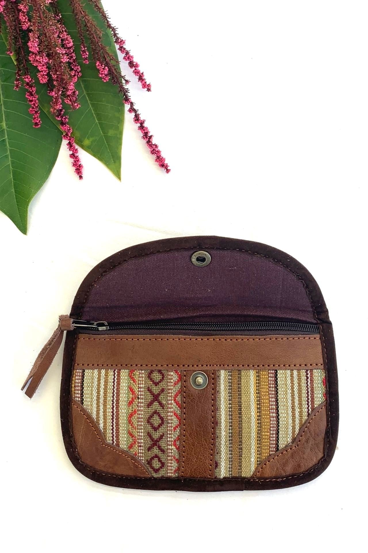 Surya AUstralia Ethical Buffalo Leather + Woven Cotton Clutch Wallets from Nepal - Interior