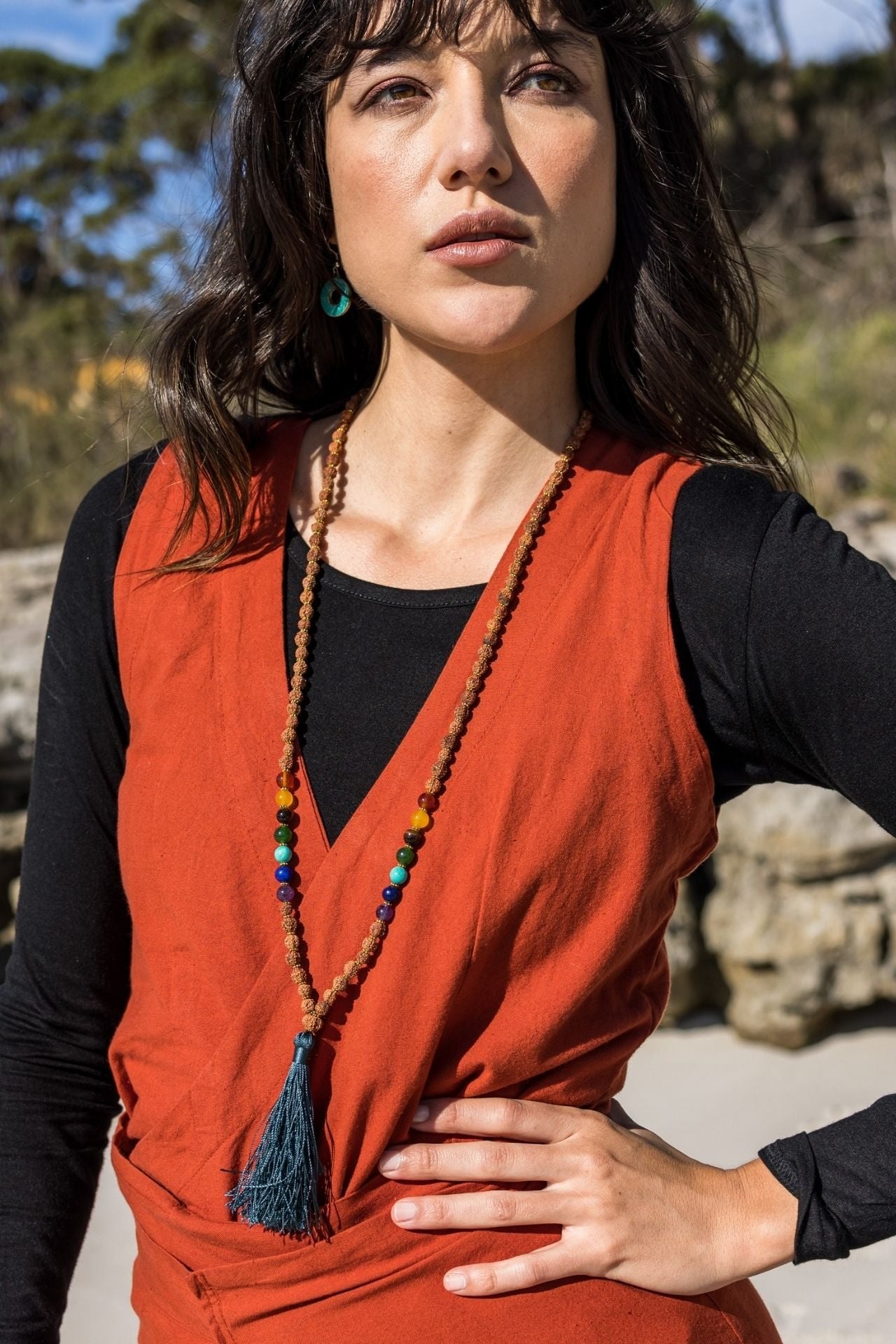 Surya Australia Ethical Rudraksha Seed Mala Necklace from Nepal - Teal Tassel