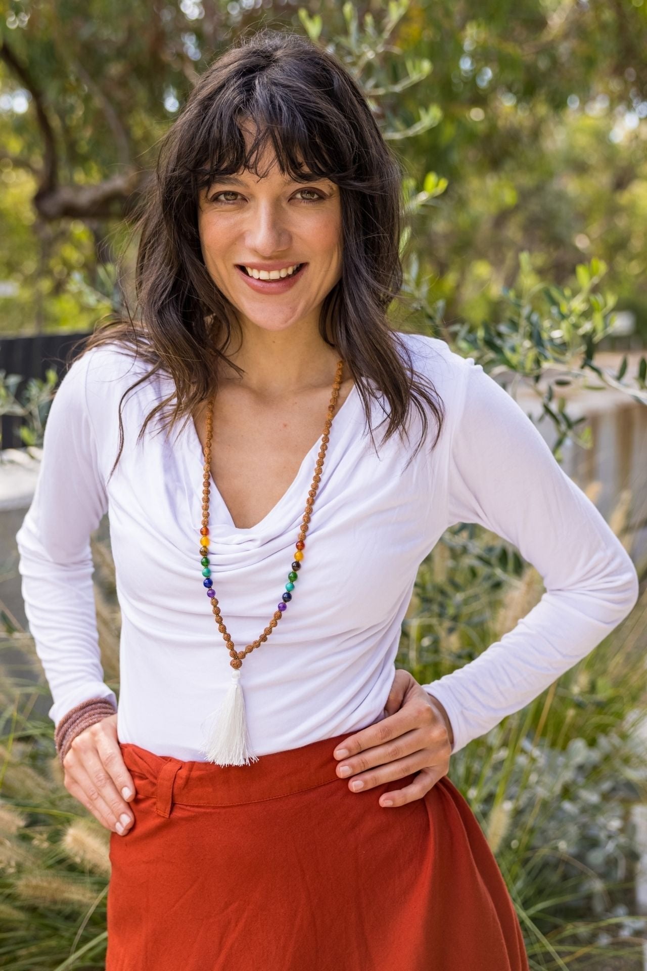 Surya Australia Rudraksha Seed Chakra Mala - with White Tassel