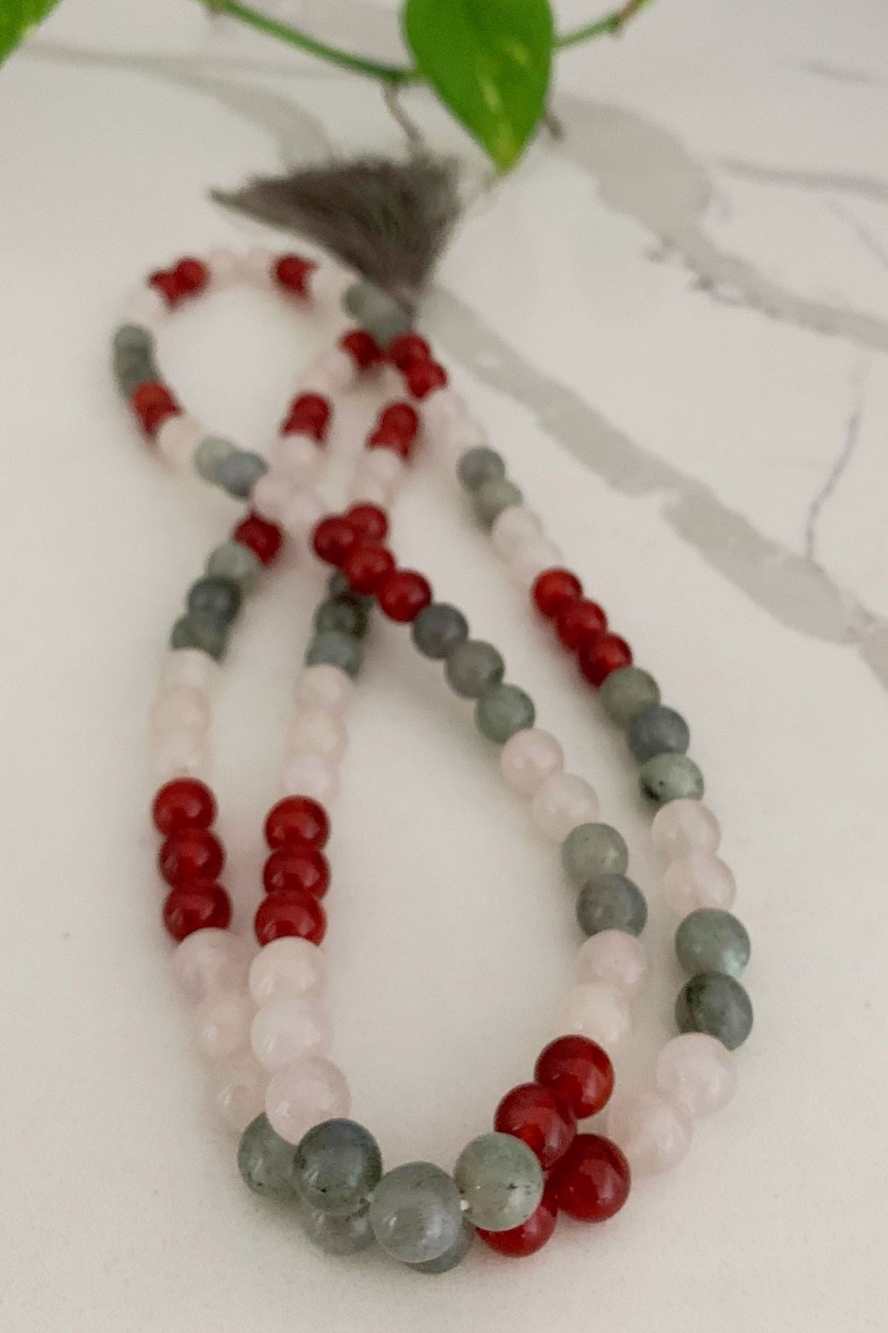Surya Australia Calm Abiding Mala Necklace made in Nepal - rose quartz, carnelian and labradorite