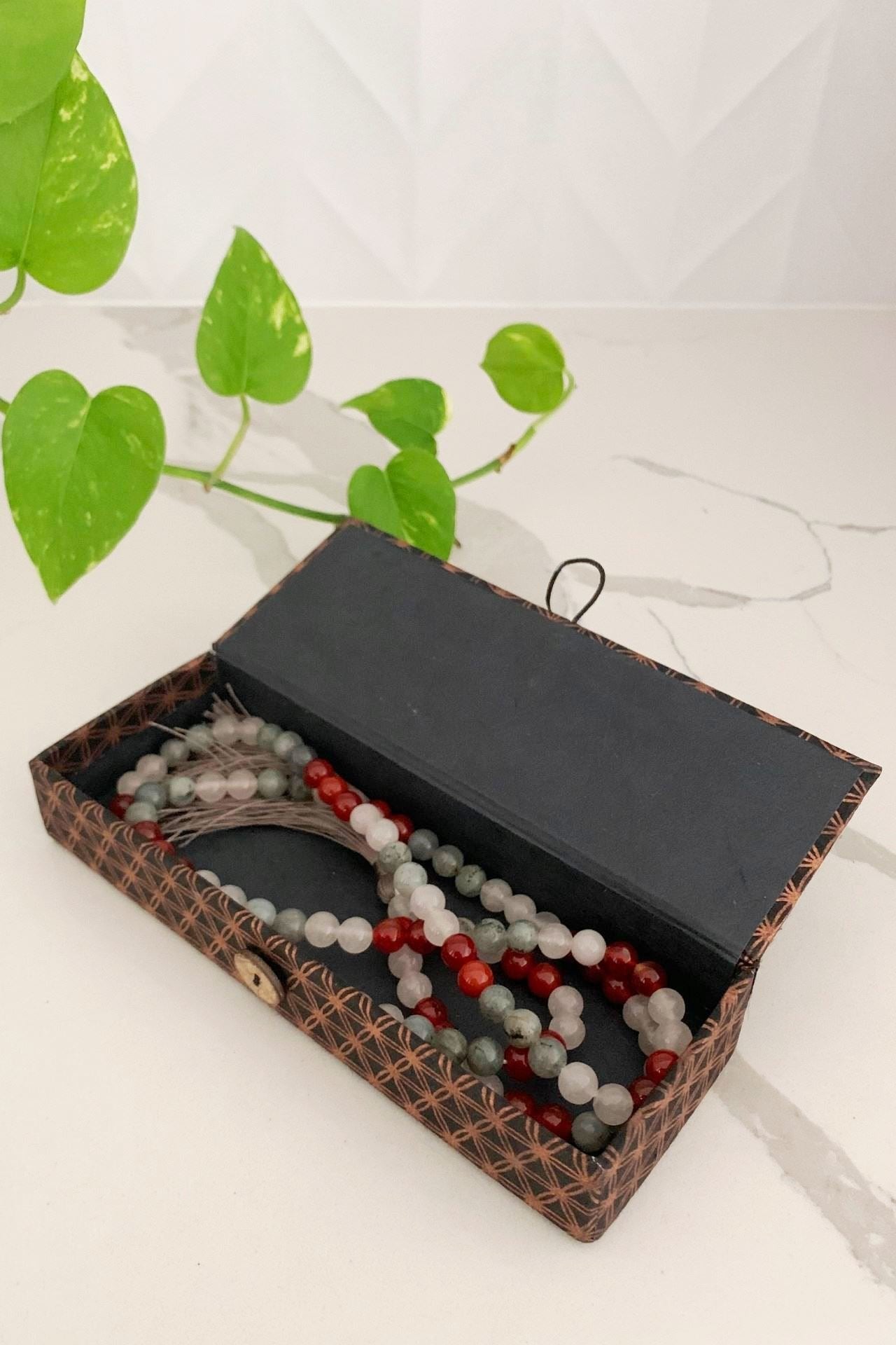 Surya Australia Calm Abiding Mala Necklace made in Nepal - rose quartz, carnelian and labradorite