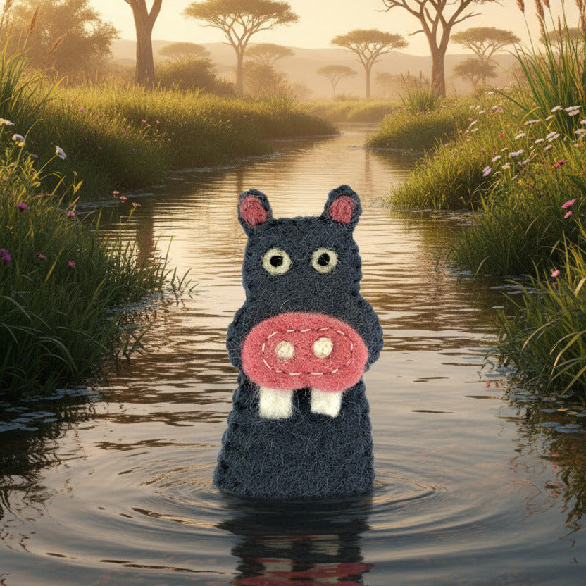 Surya Wool Felt Finger Puppets from Nepal - Hippo