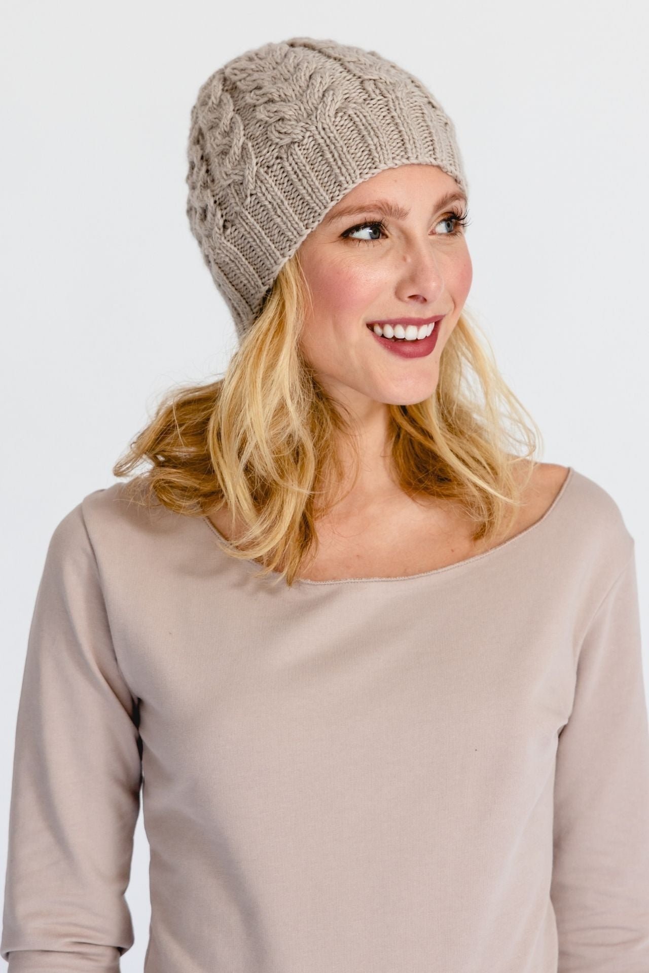 Surya Australia Ethical Cable Knit Merino Wool Beanie from Nepal - Sand