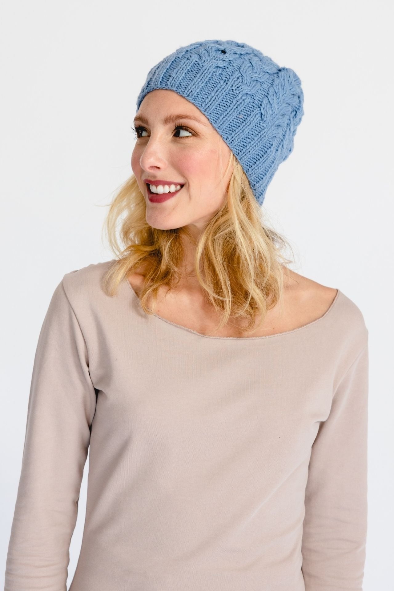 Surya Australia Ethical Cable Knit Merino Wool Beanie from Nepal - Light Blue