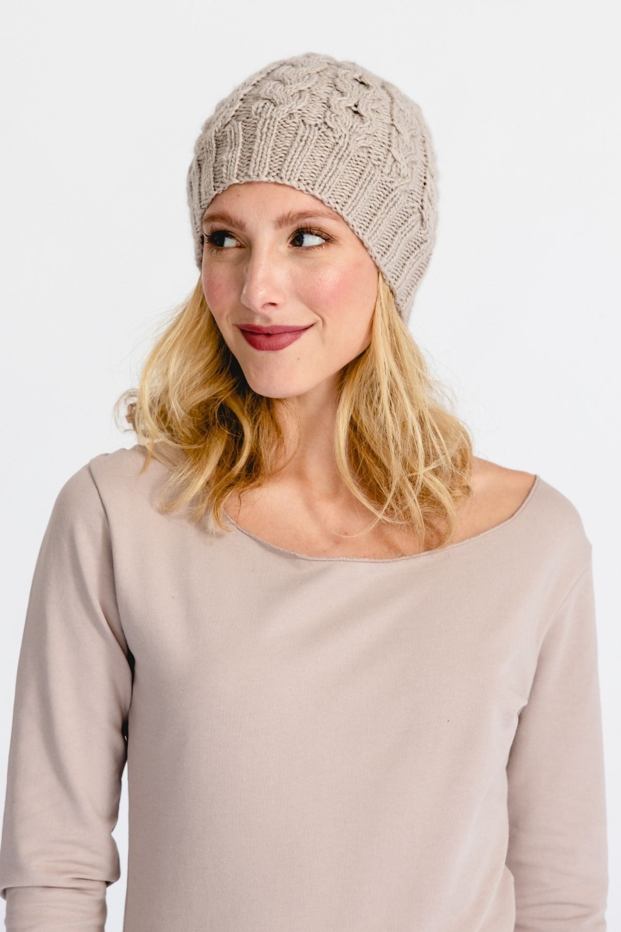 Surya Australia Ethical Cable Knit Merino Wool Beanie from Nepal - Sand